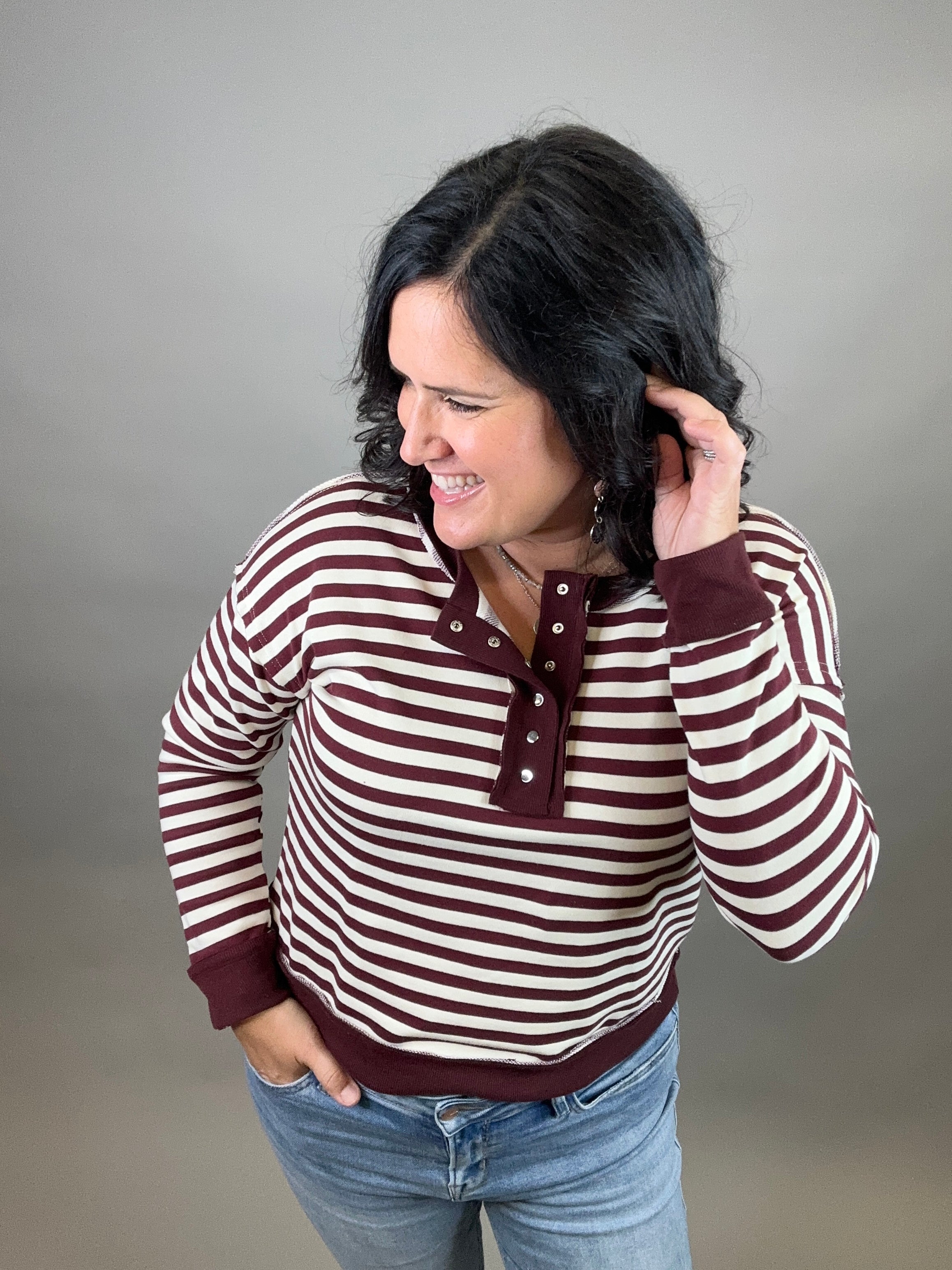 Burgundy Stripe Terry Snap Top Top - Sweatshirt STACCATO