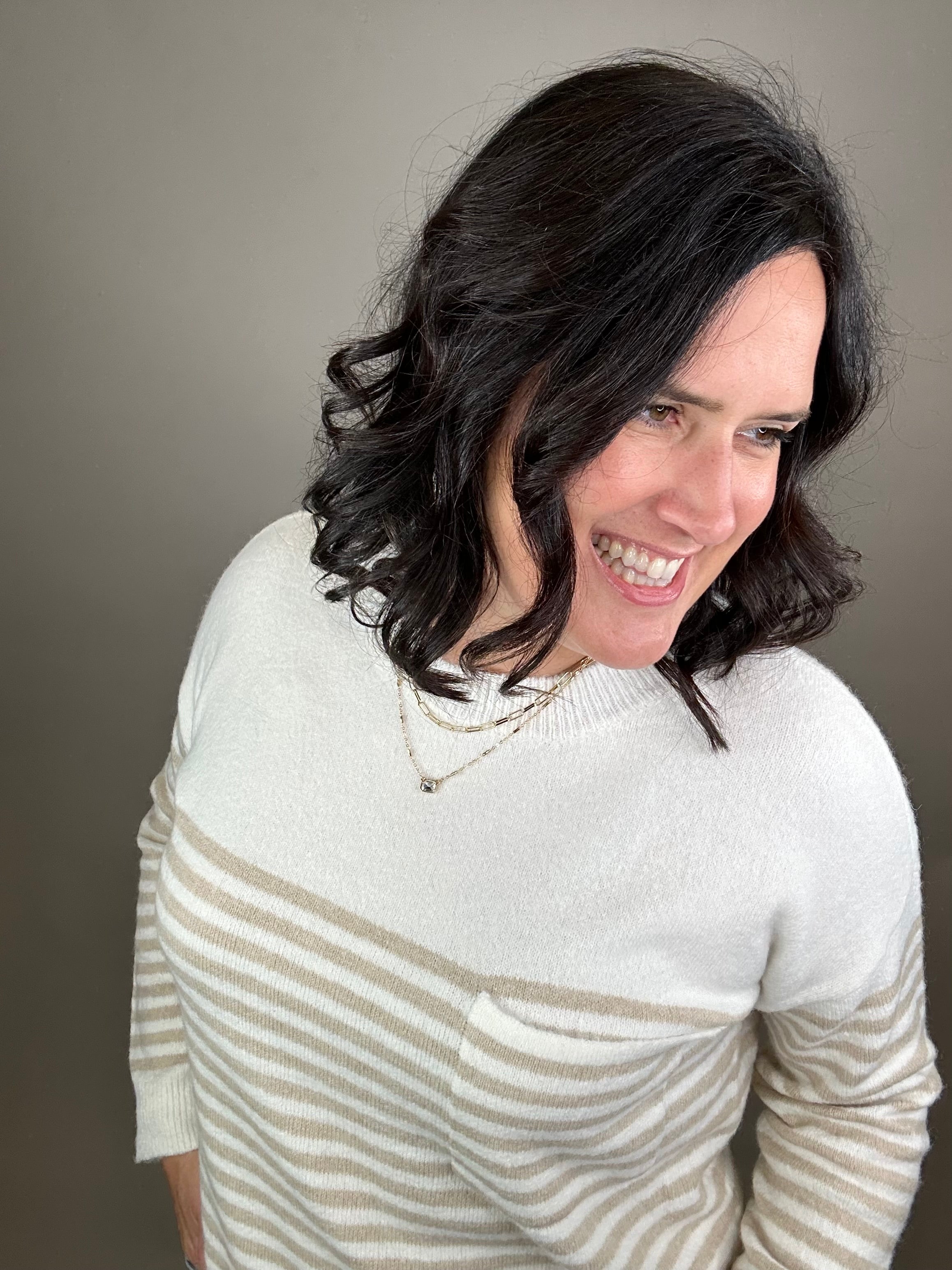 Creamy Oat Striped Pocket Sweater Top - Sweater STACCATO