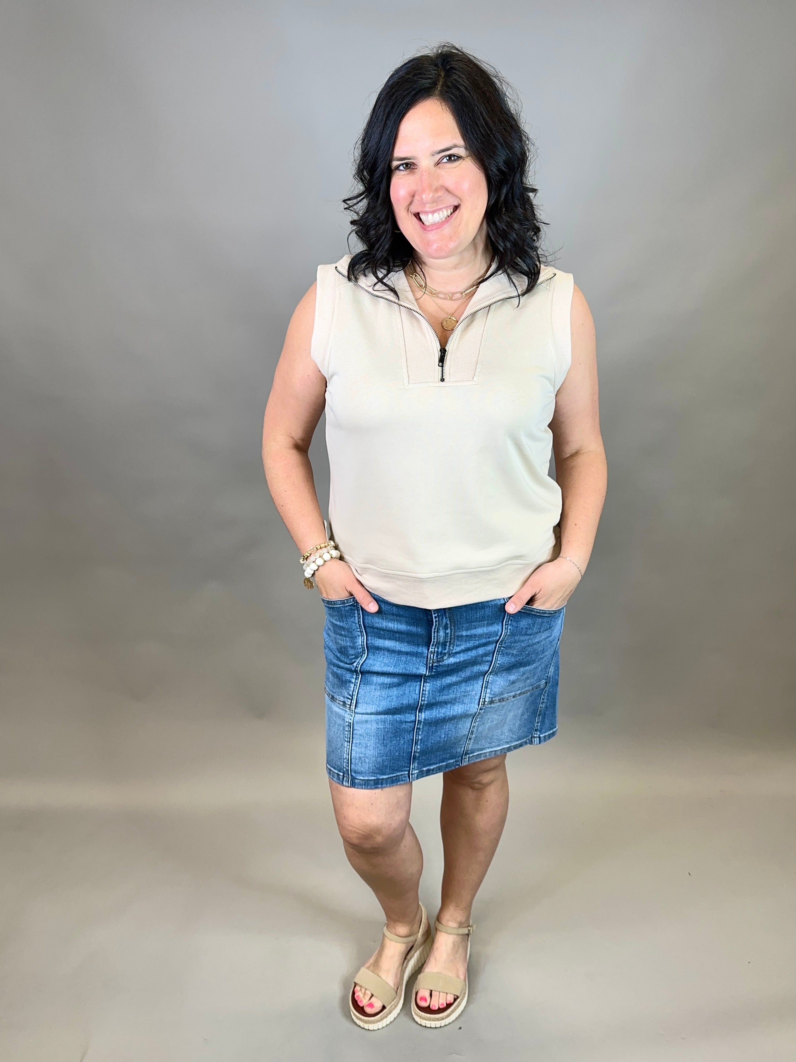 Oat Zip Front Sleeveless Sweatshirt Top - Sweatshirt DOE & RAE