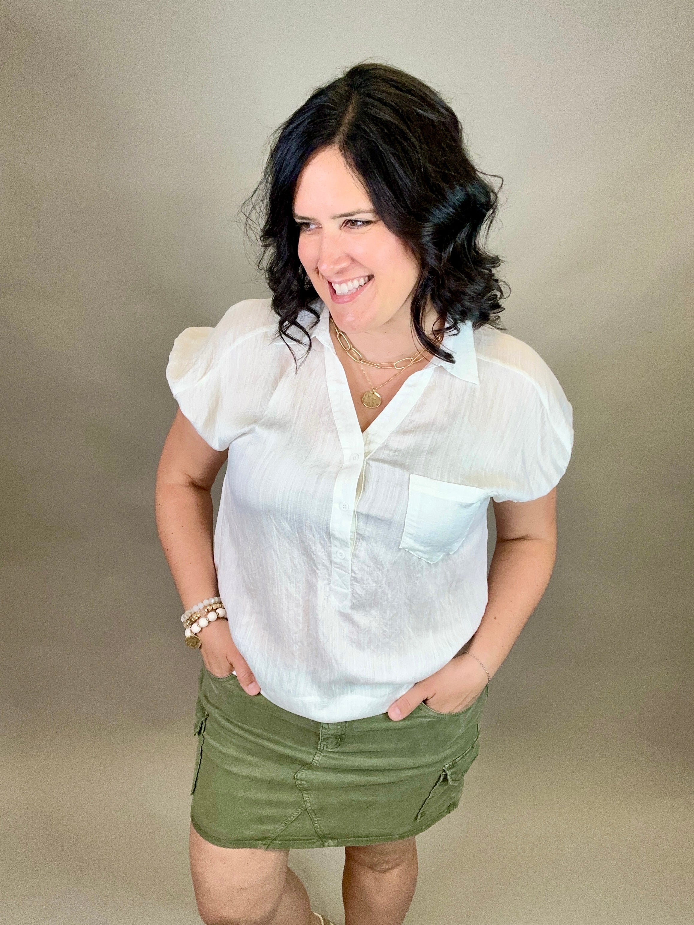 White Collared V Neck Crinkle Blouse Top - Sweater STACCATO