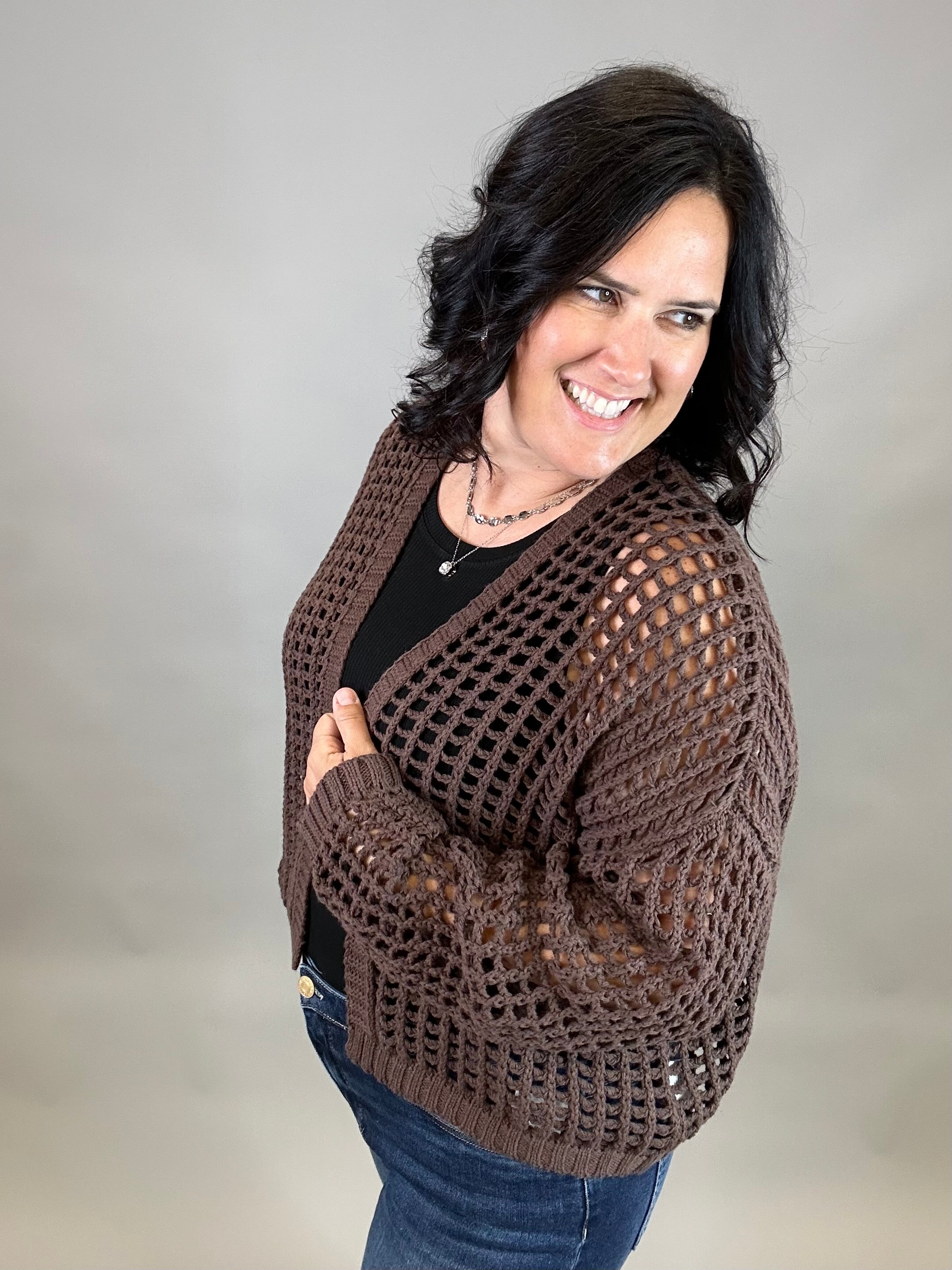 Espresso Crochet Cropped Open Cardigan Tops- Cardigans DOE & RAE