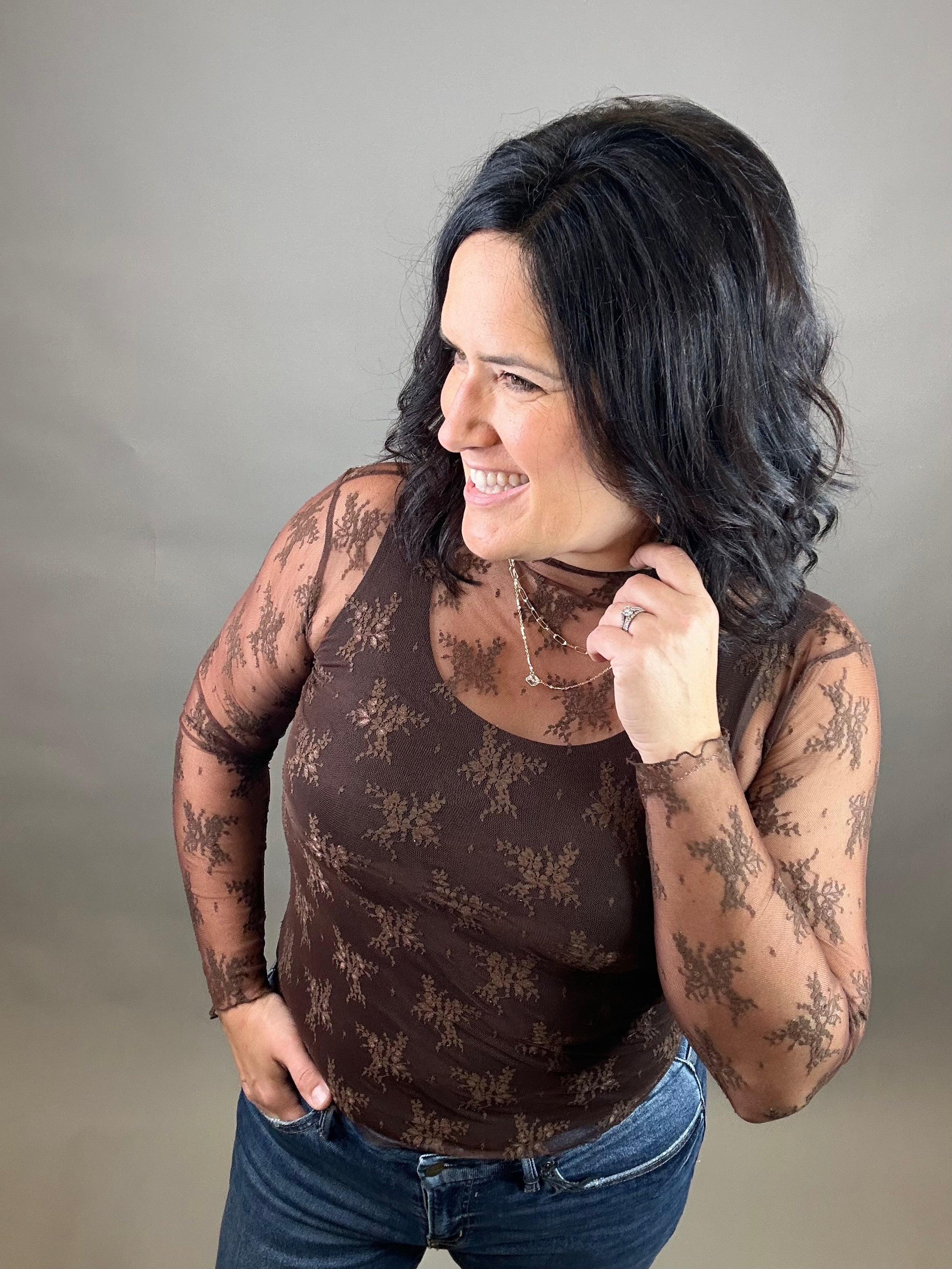 Brown Long Sleeve Lace Top Tops- Blouses ZENANA