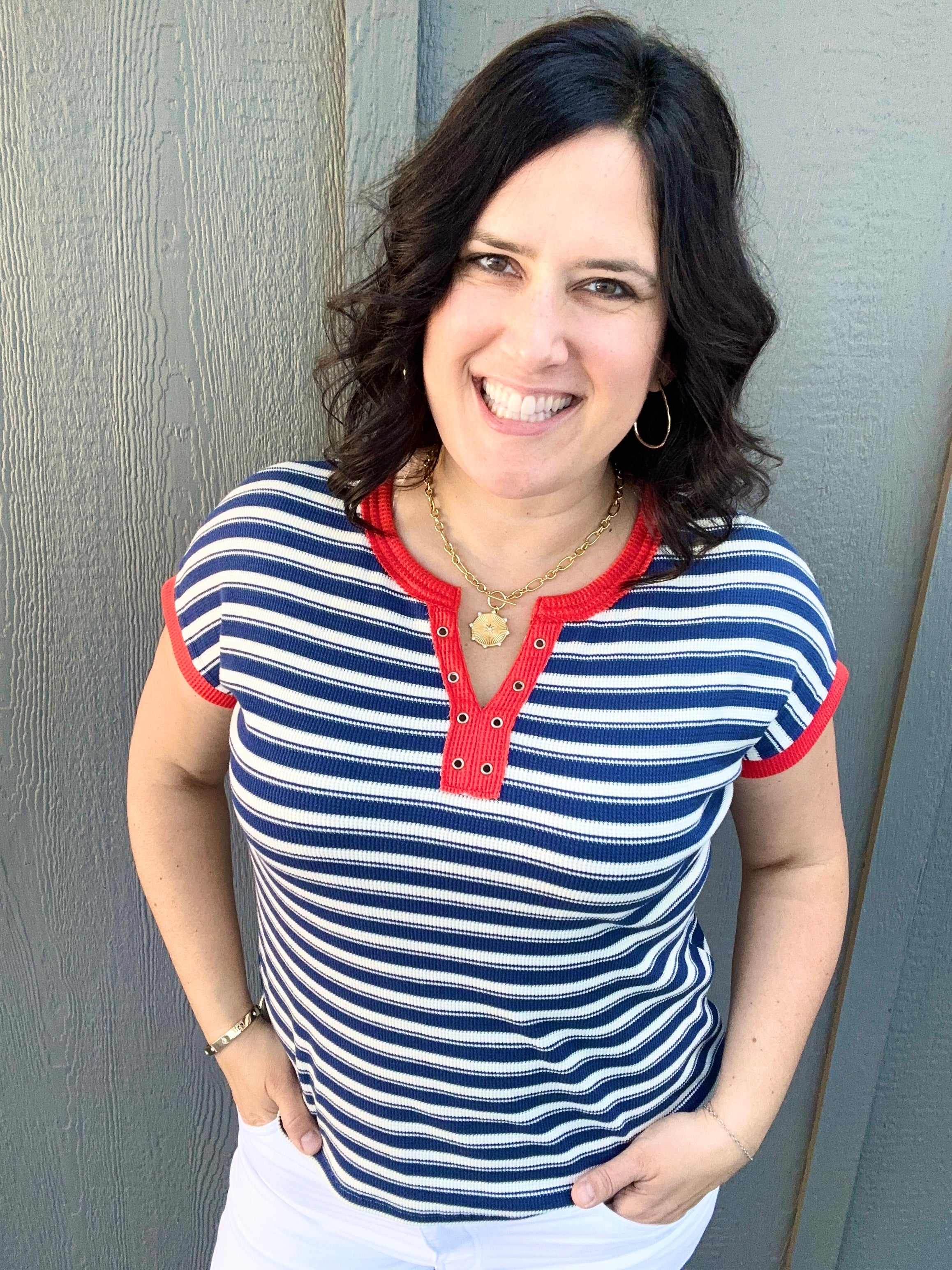 Navy Split Eyelet Neck Top Top - Tee STACCATO