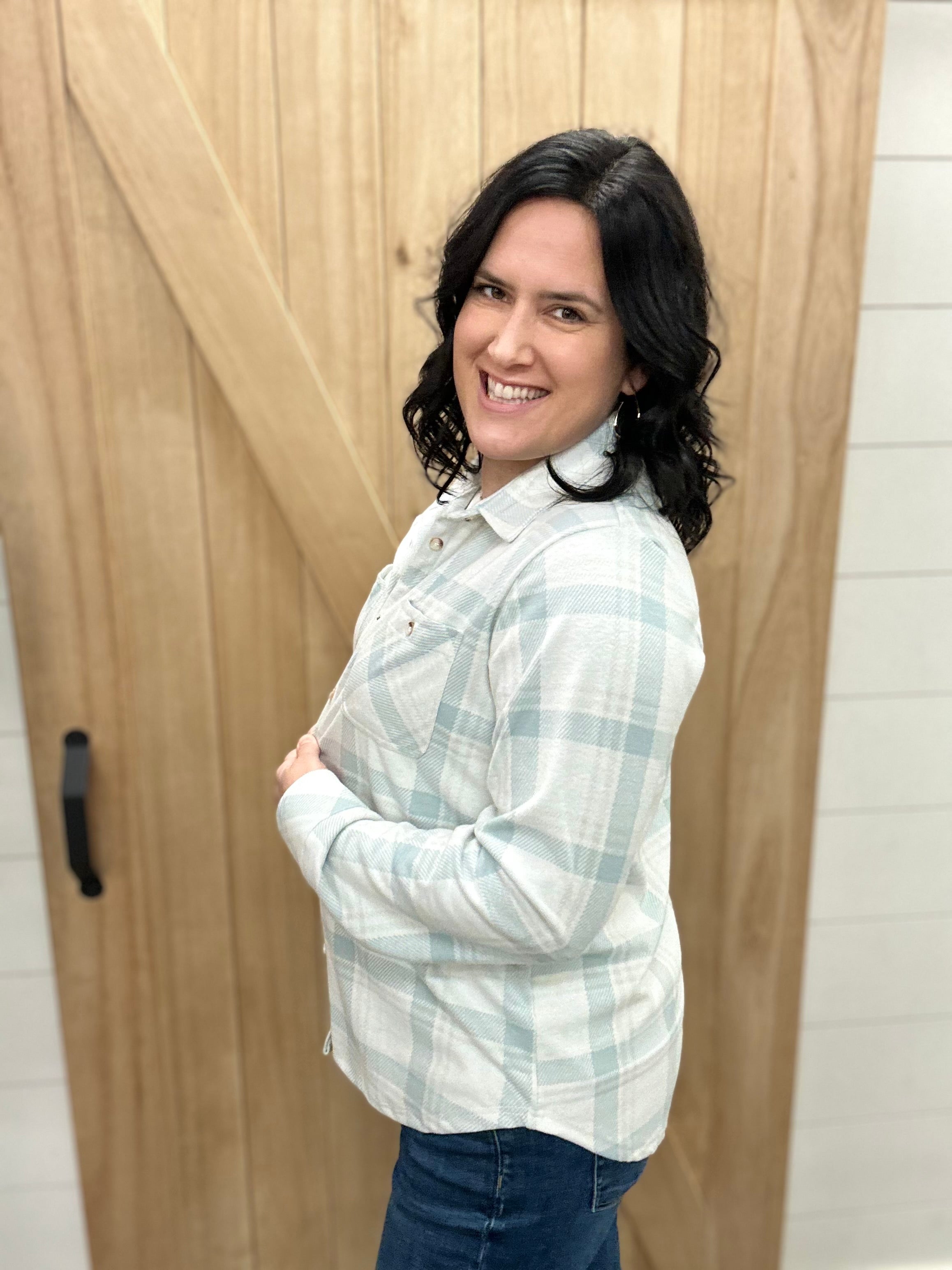 Dusty Teal and Tan Plaid Markus Button Up Tops - Button Ups PANACHE