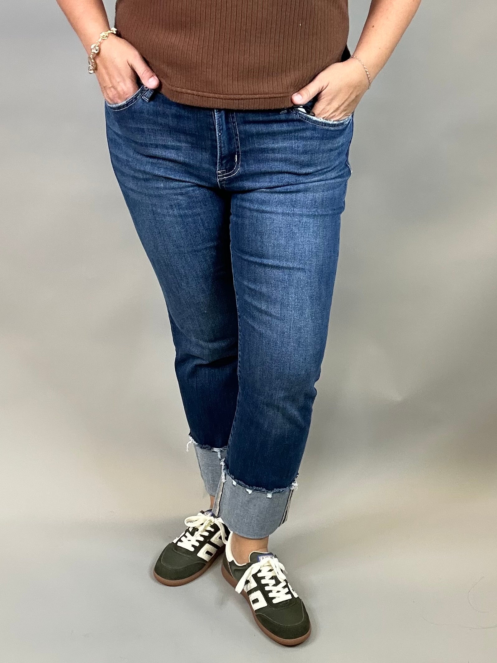 Cuffed Deep Rhino Mid Rise Straight Leg Bottoms - Pants MICA DENIM