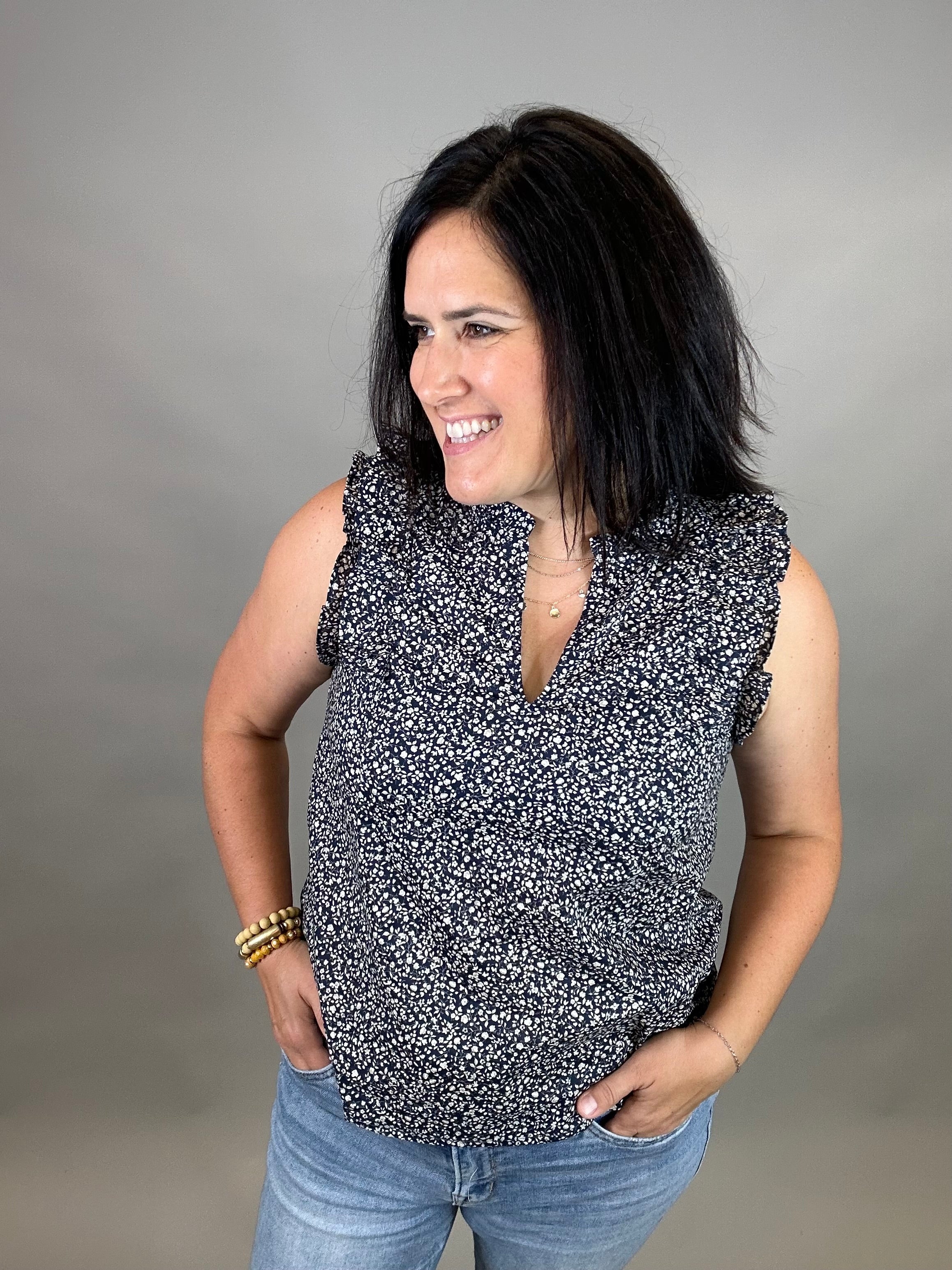 Navy Floral Poplin Top Tops- Blouses DOE & RAE
