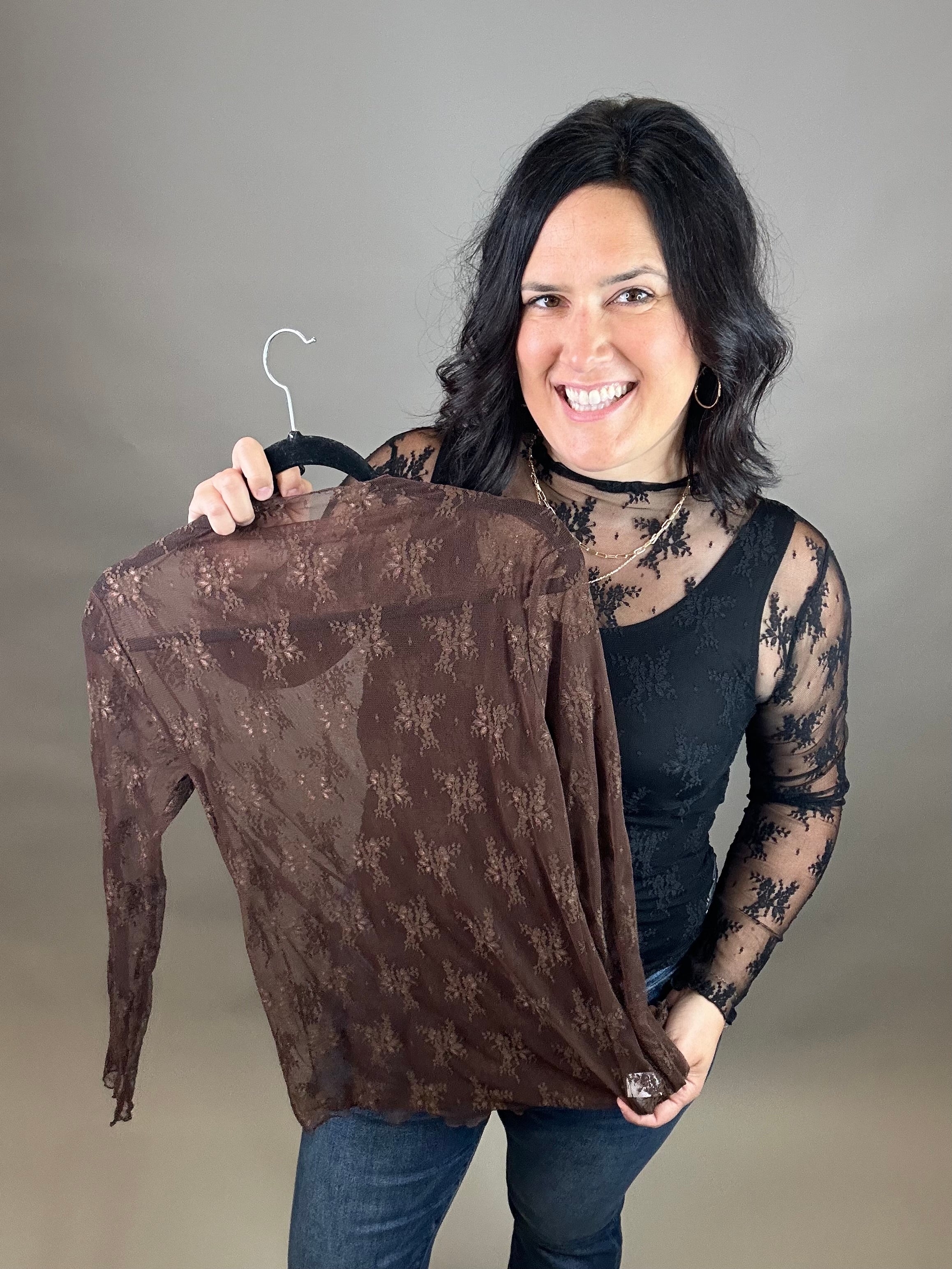 Brown Long Sleeve Lace Top Tops- Blouses ZENANA