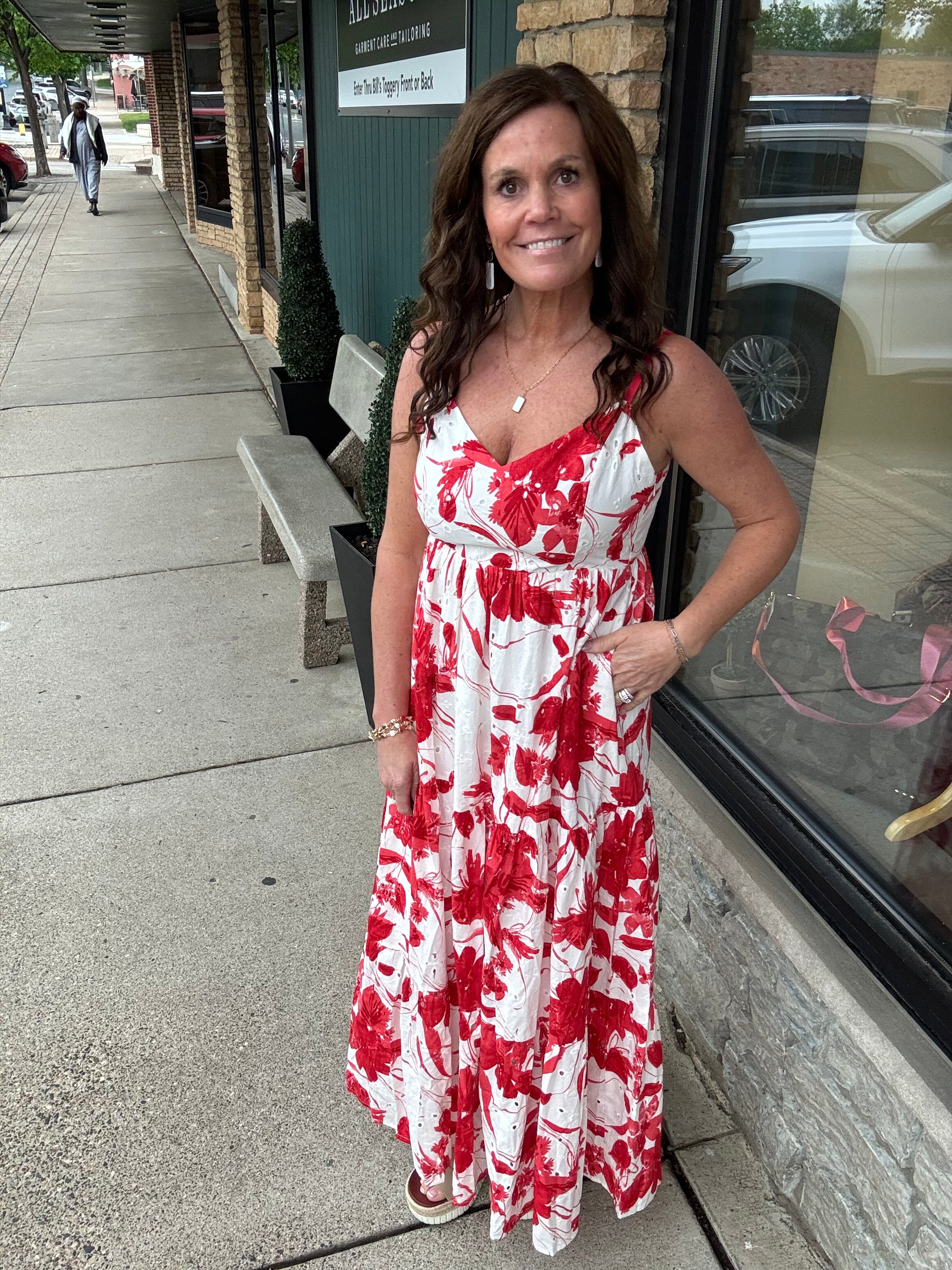 red floral dress maxi Cream/Red Floral Tiered Maxi Dress Small