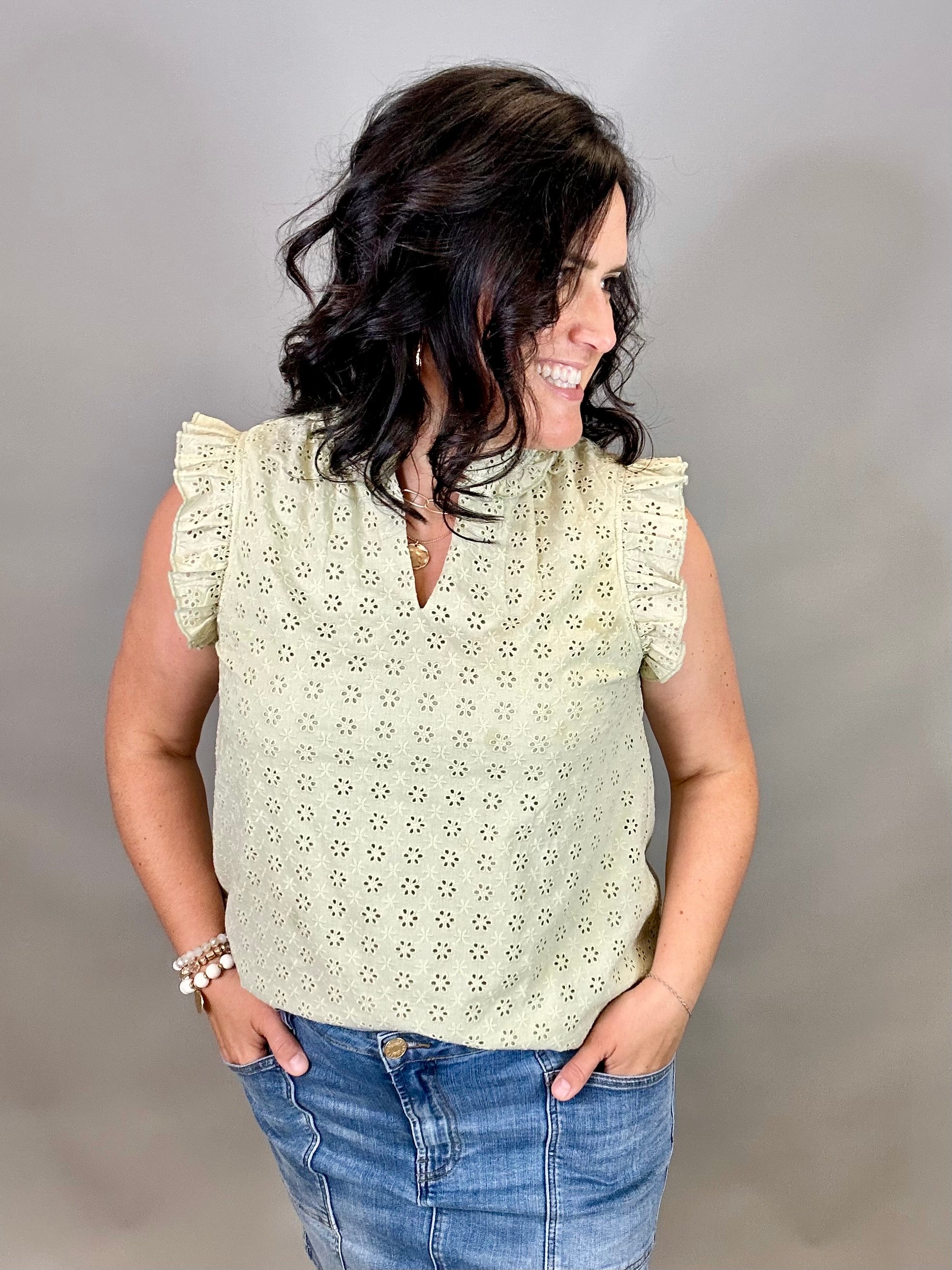 Sage Eyelet Ruffle Cap Sleeve Top Tops- Blouses DOE & RAE