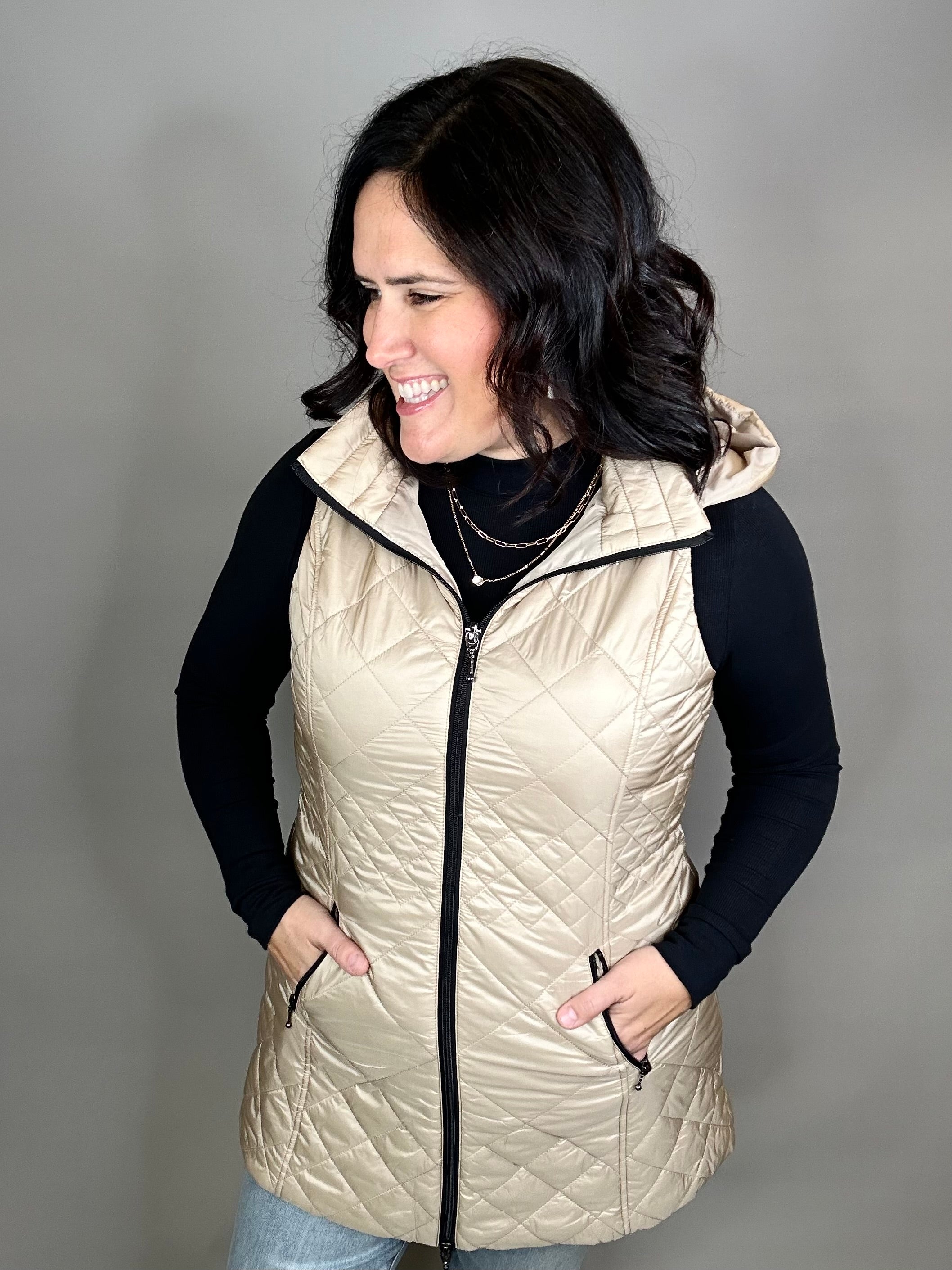 Camel Long Quilted Vest Outerwear - Vest Anorak