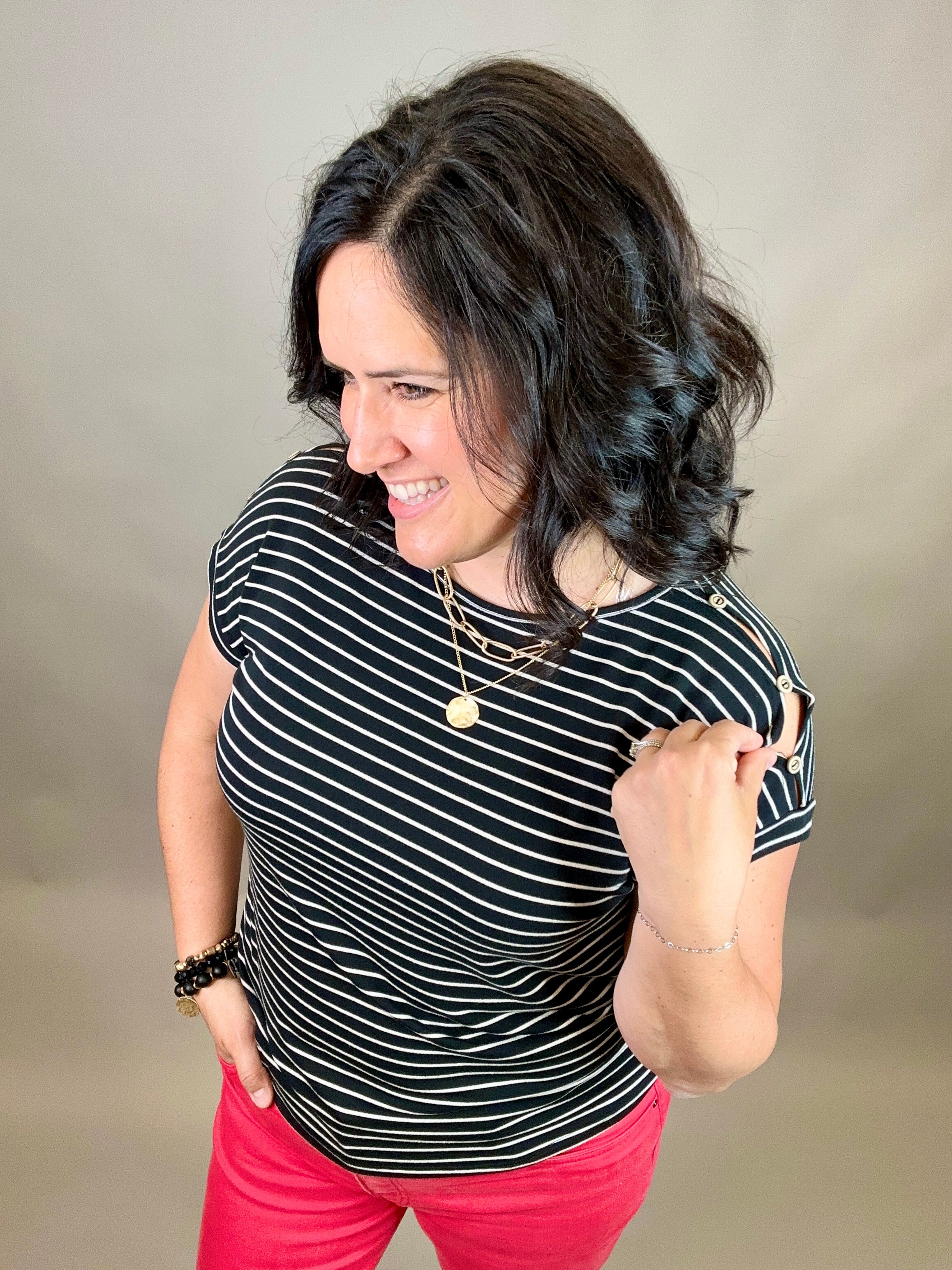 Black Stripe Button Shoulder Terry Tee Top - Tee STACCATO