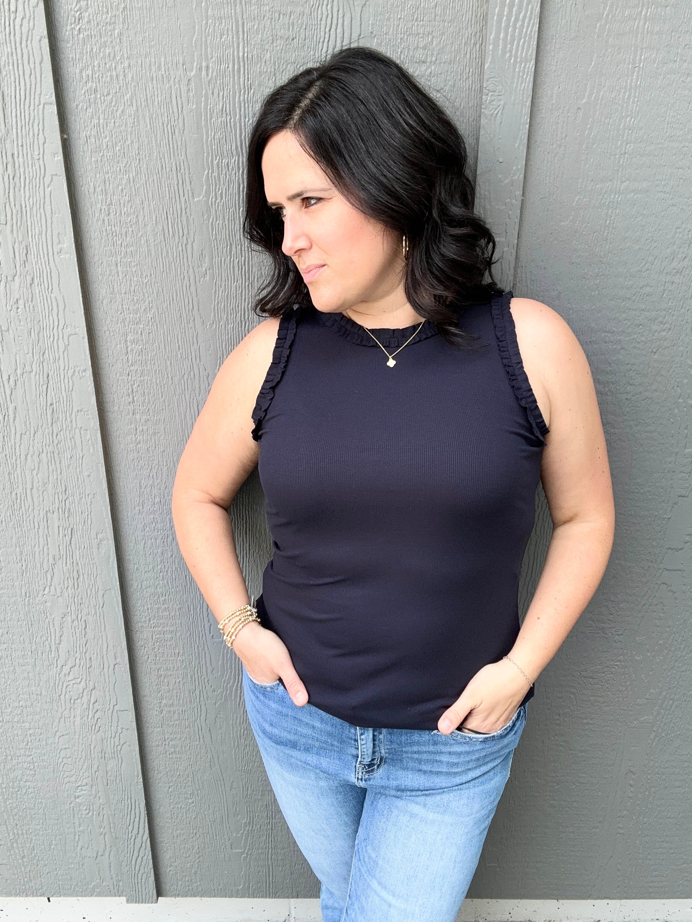 Navy Ruffle Tank Tops- Tanks DOE & RAE