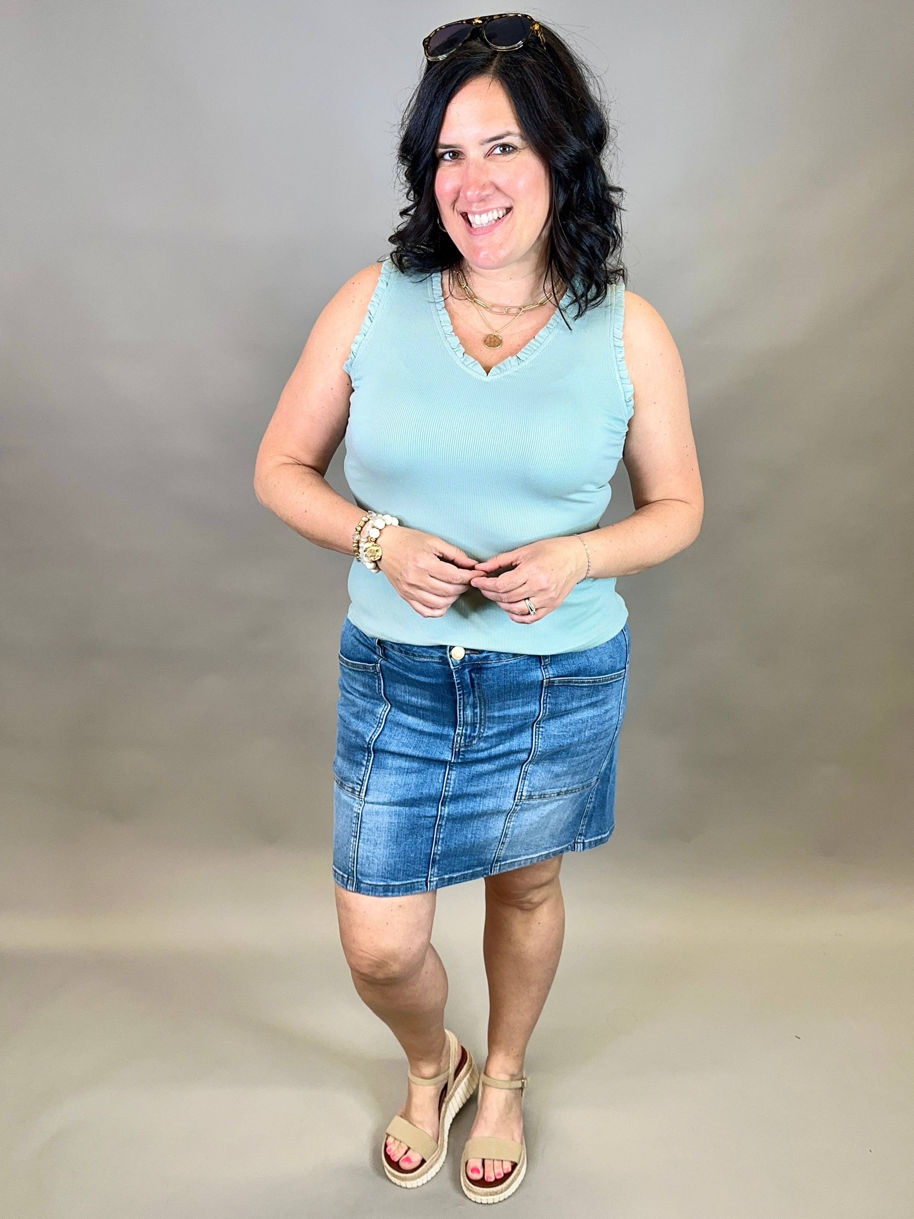 Sage V Neck Frilled Tank Tops- Tanks DOE & RAE