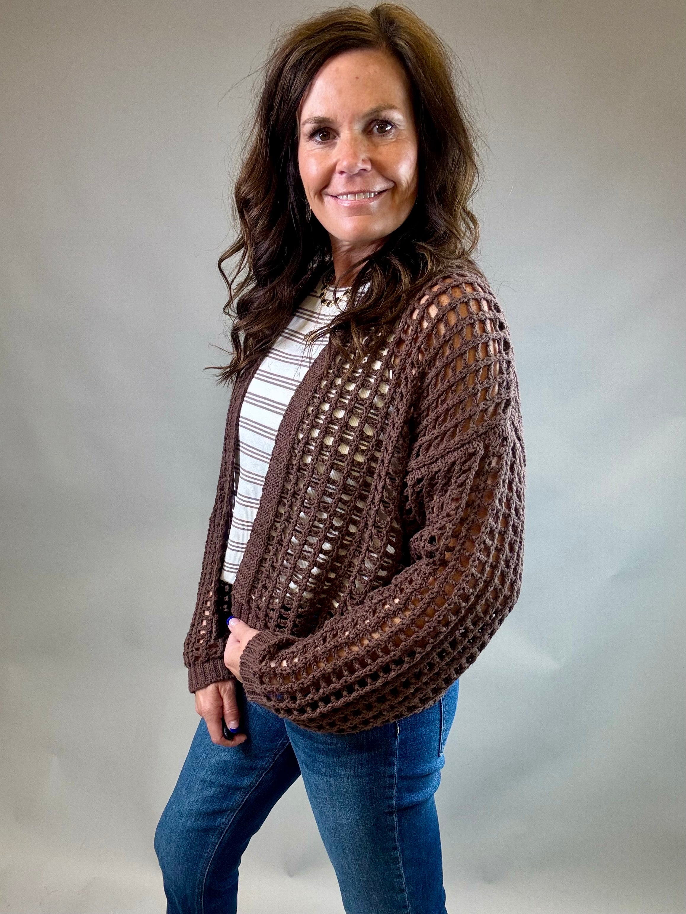 Espresso Crochet Cropped Open Cardigan Tops- Cardigans DOE & RAE