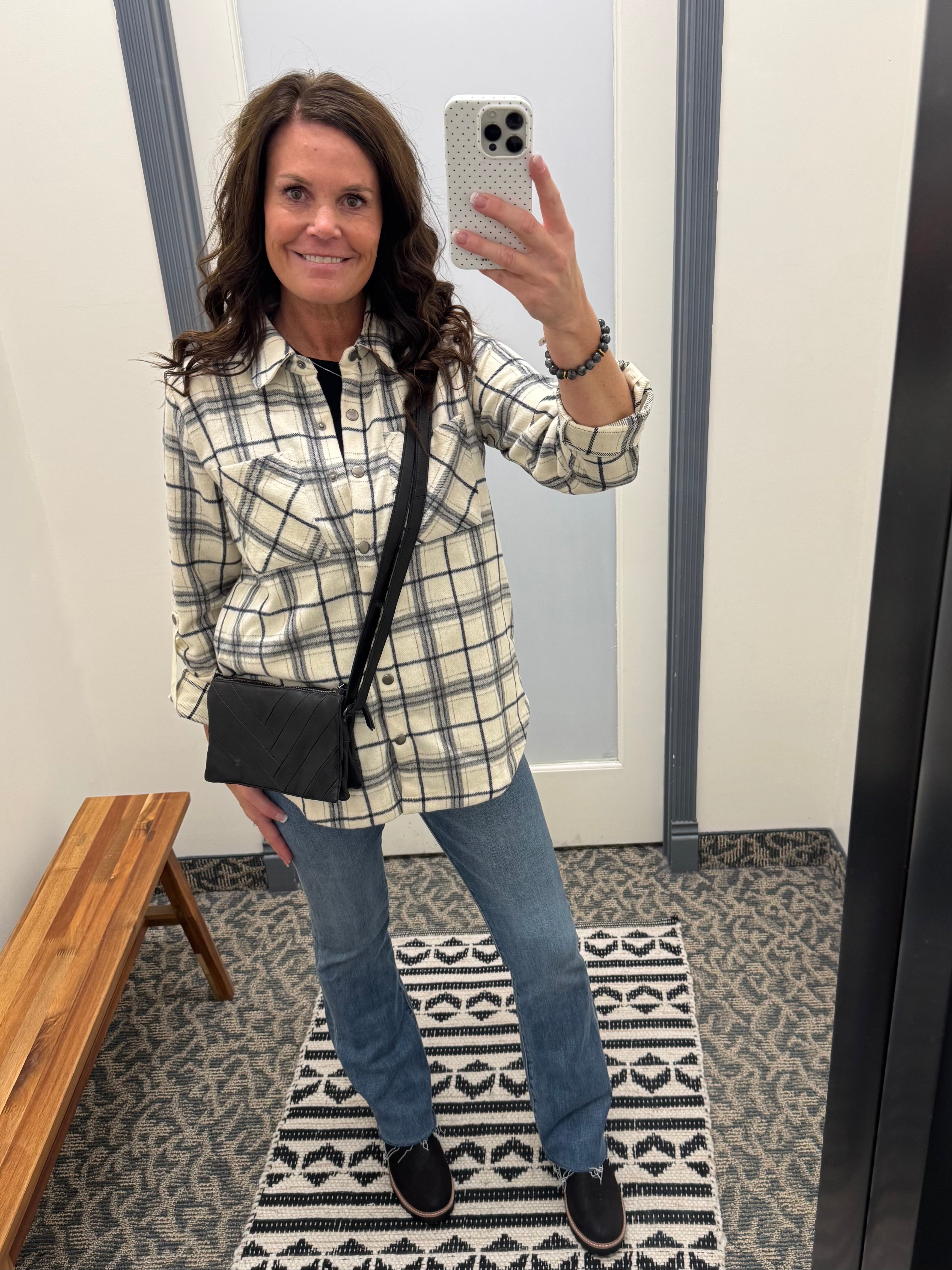 Ivory Plaid Shirt Jacket Outerwear- Jackets Mystree