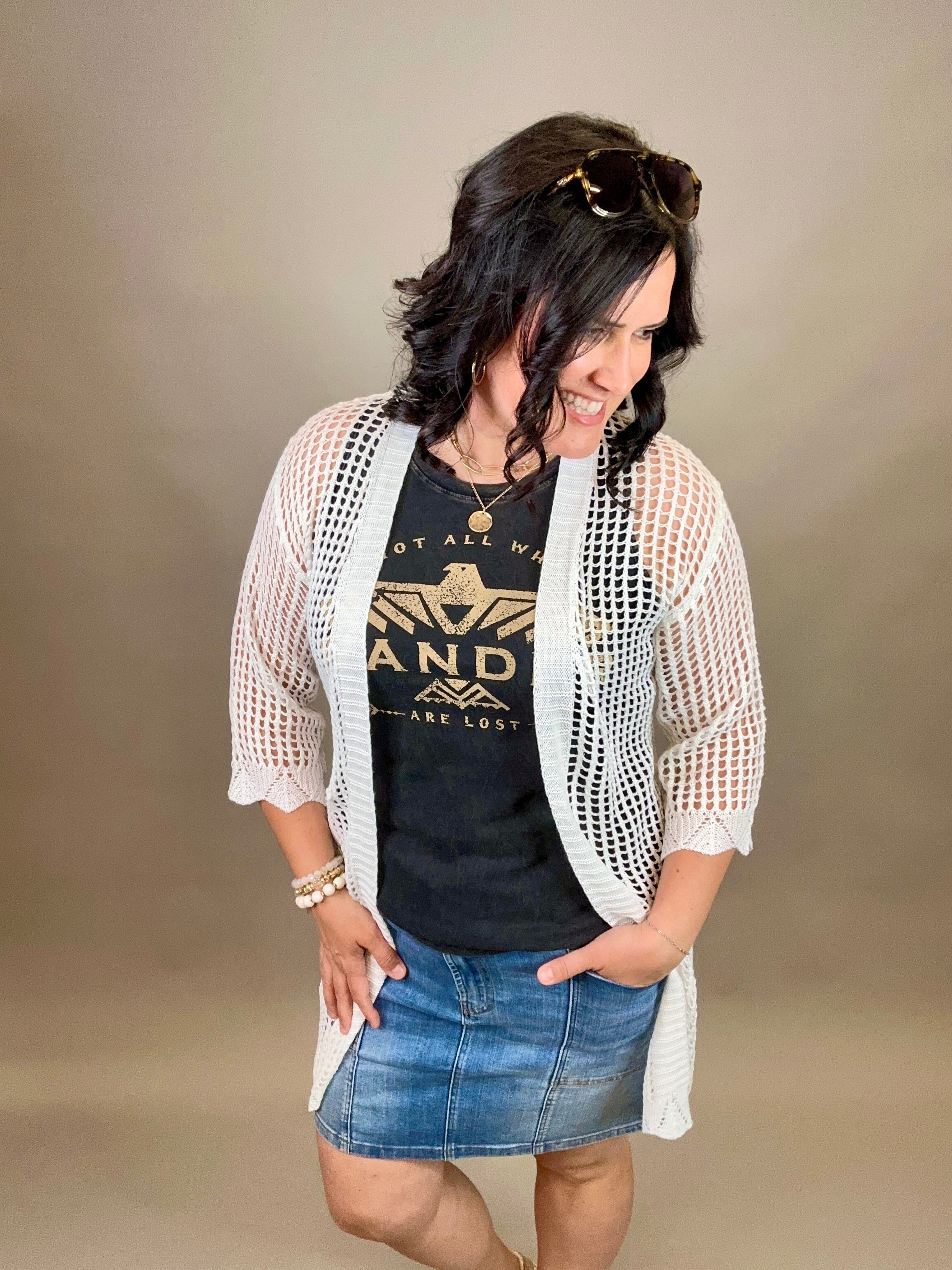 White Coastal Crochet Tie Kimono OS Tops- Cardigans PRETTY SIMPLE WHOLESALE