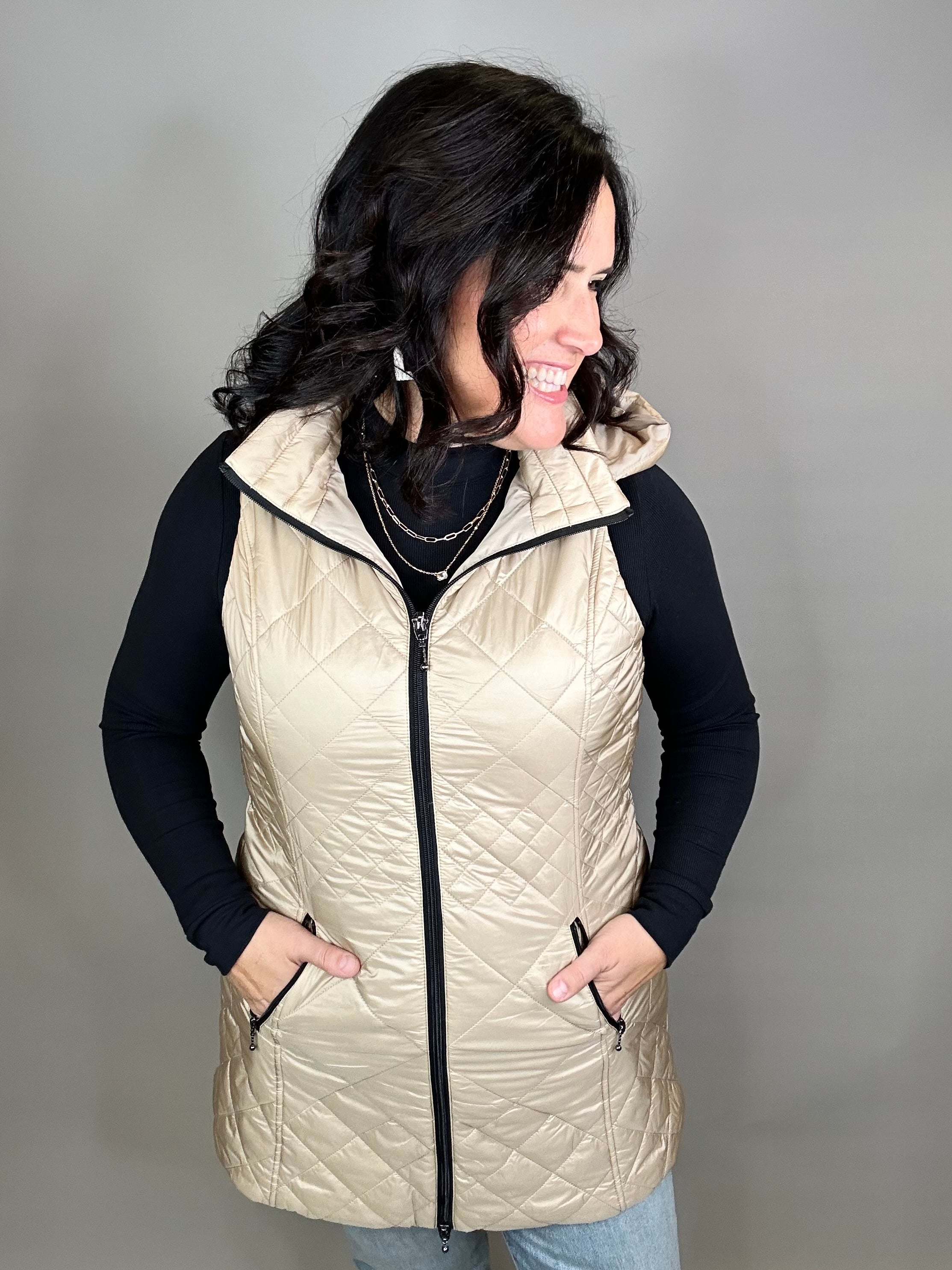 Camel Long Quilted Vest Outerwear - Vest Anorak