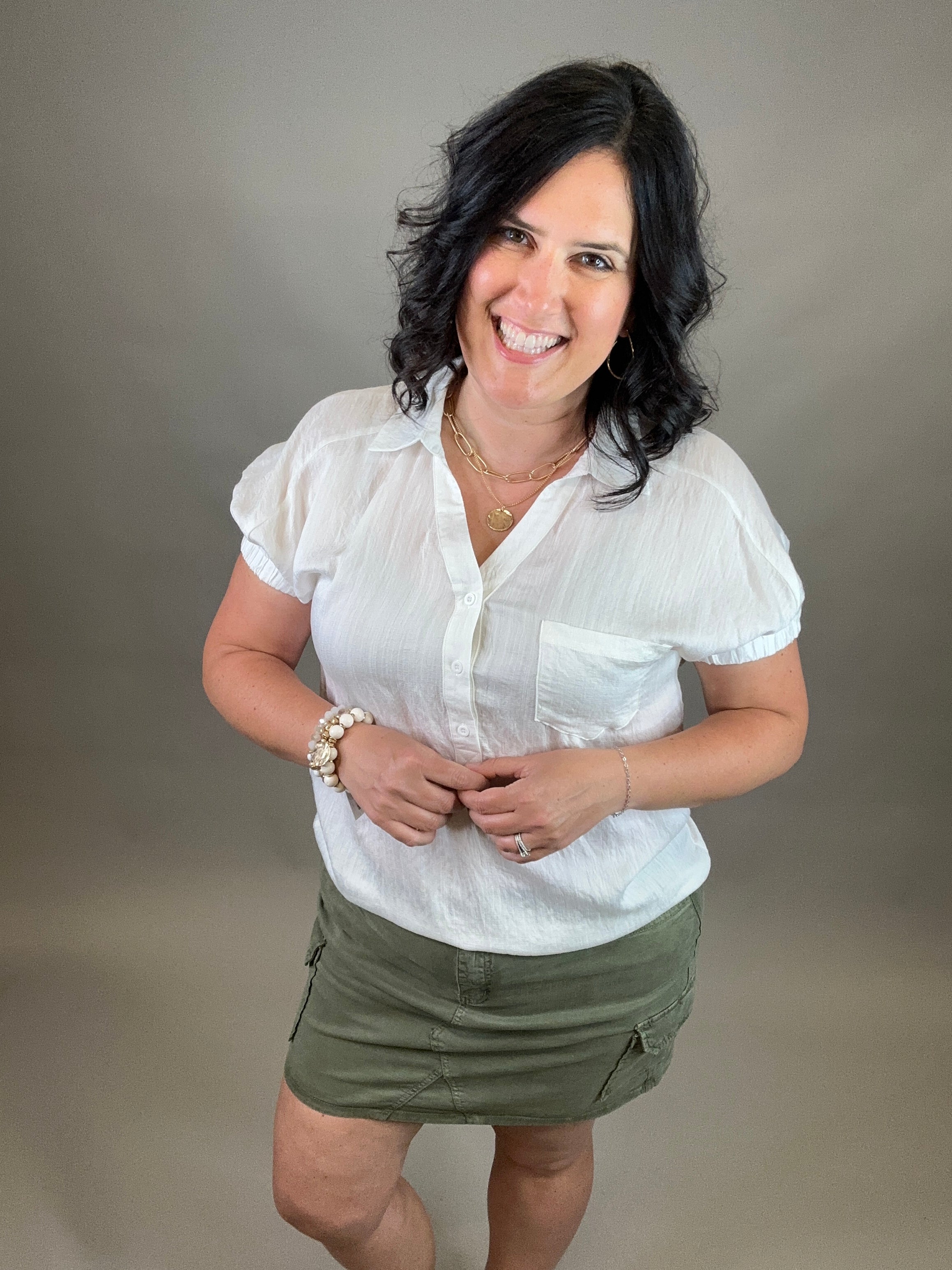 White Collared V Neck Crinkle Blouse Top - Sweater STACCATO