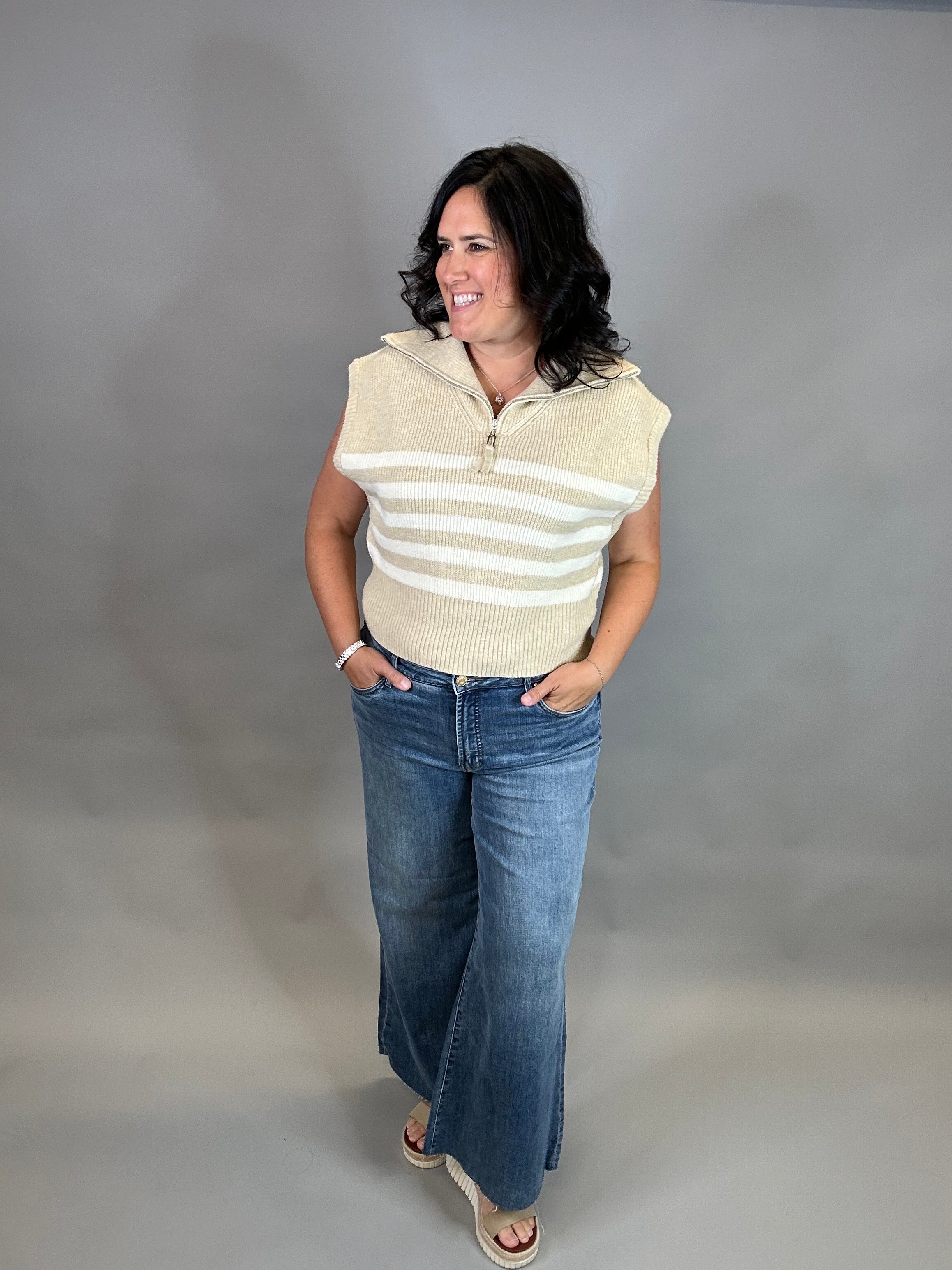Beige Striped Half Zip Sweater Top Top - Sweater DOE & RAE