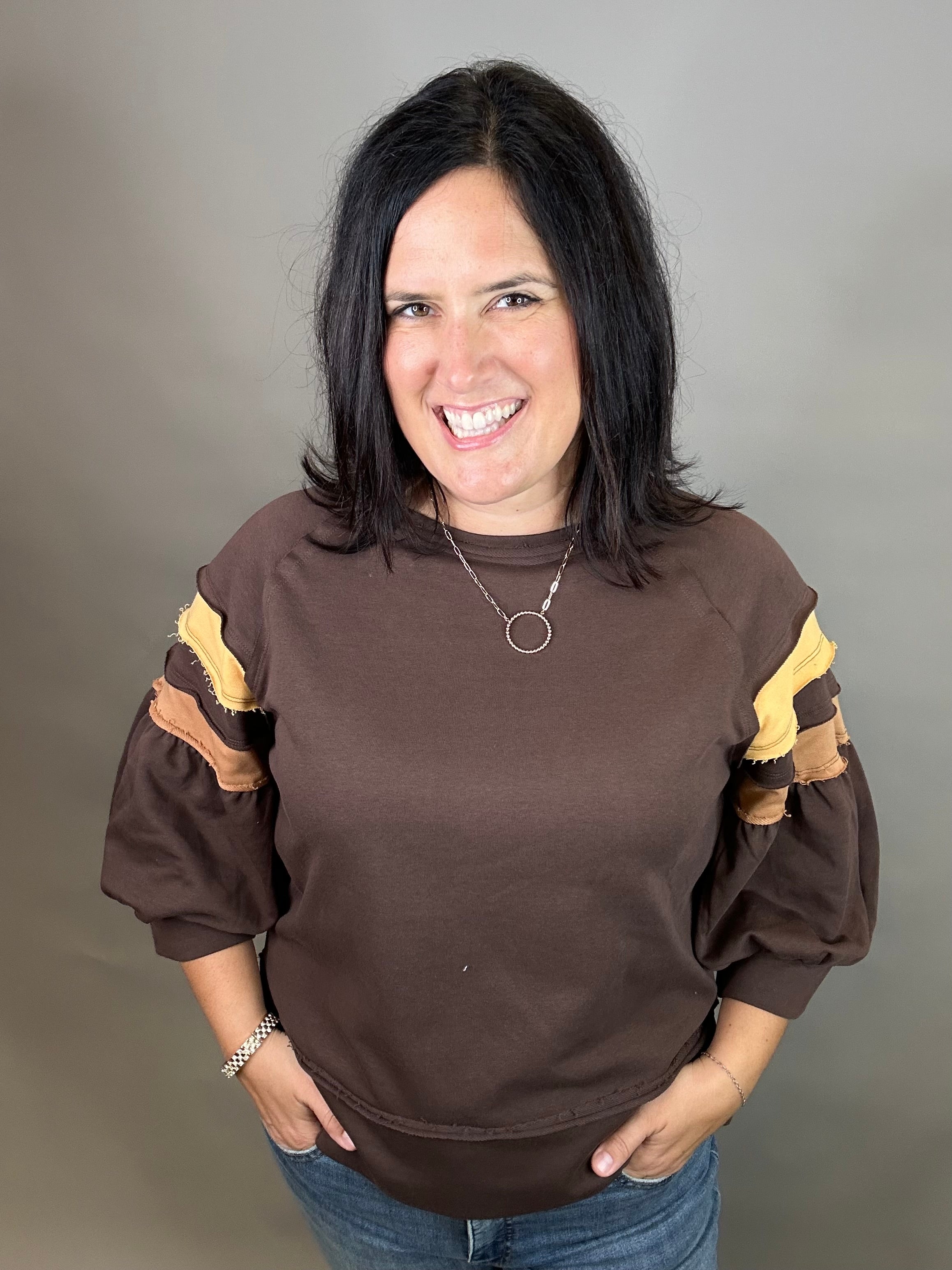 Brown Puff Striped Sleeve Top Top - Sweatshirt JODIFL