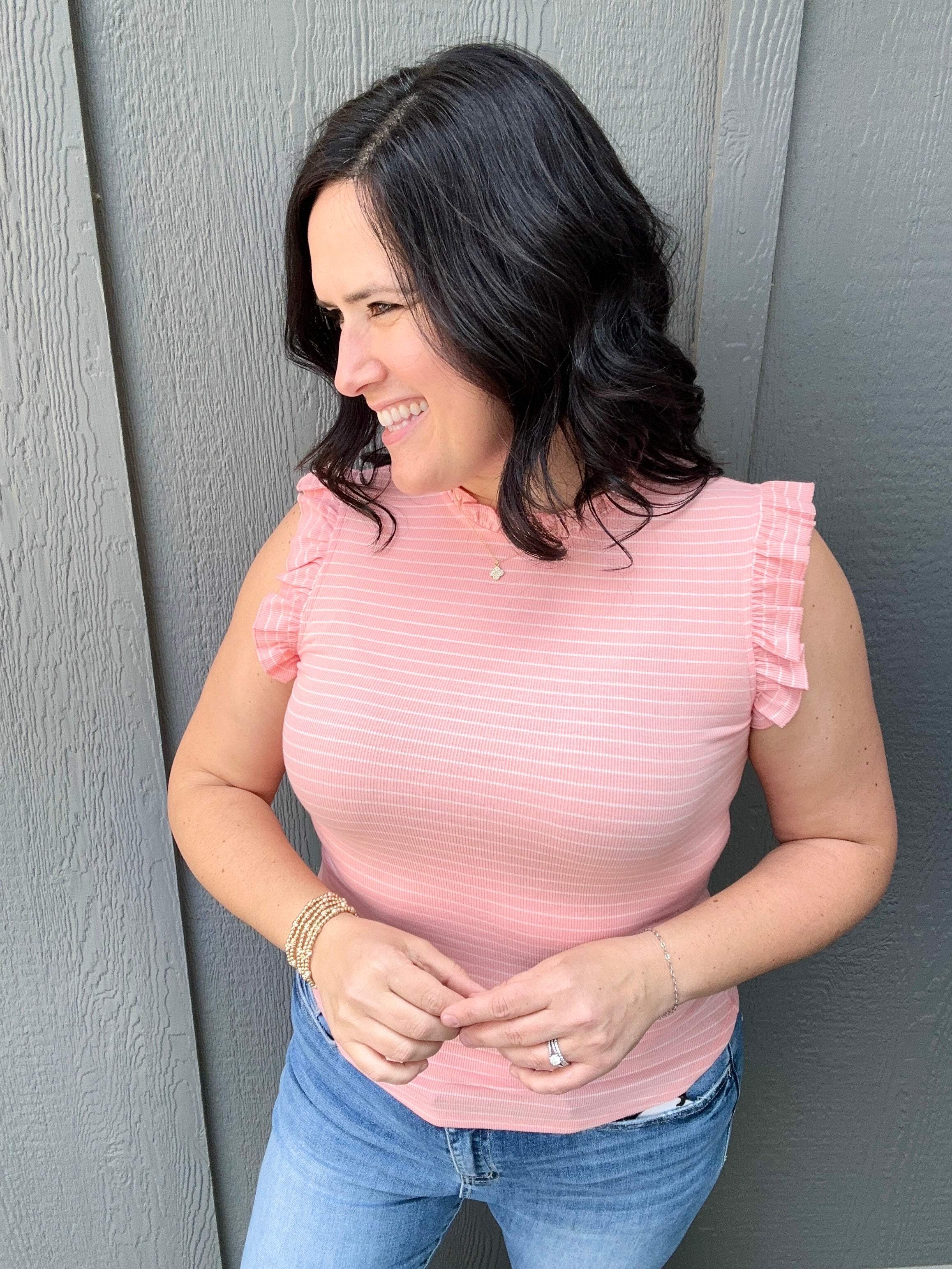 Blush Peach Stripe Ruffle Tank Tops- Tanks DOE & RAE