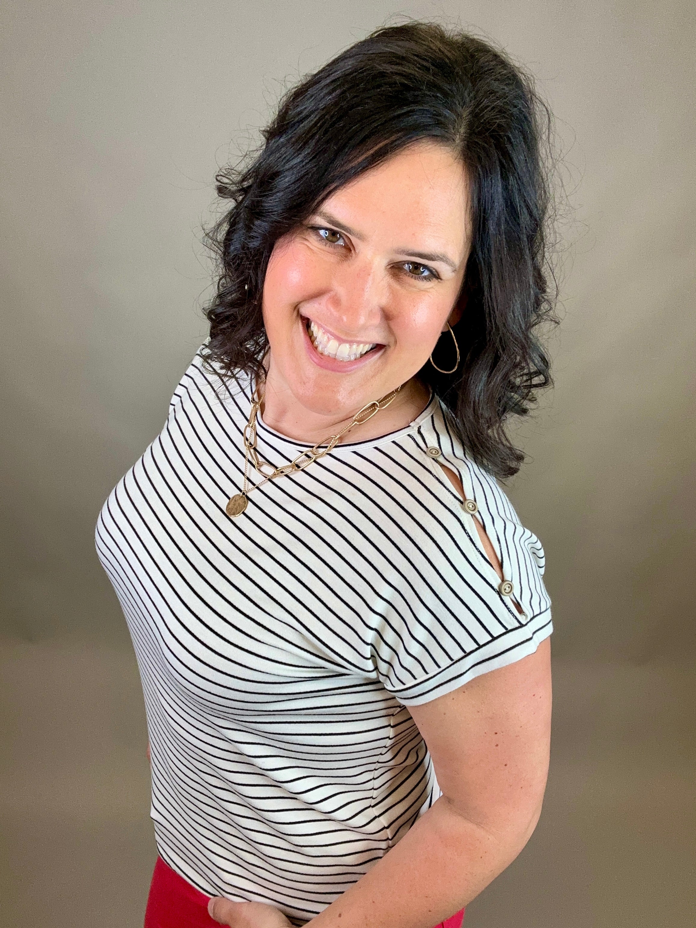 Ivory Stripe Button Shoulder Terry Tee Top - Tee STACCATO