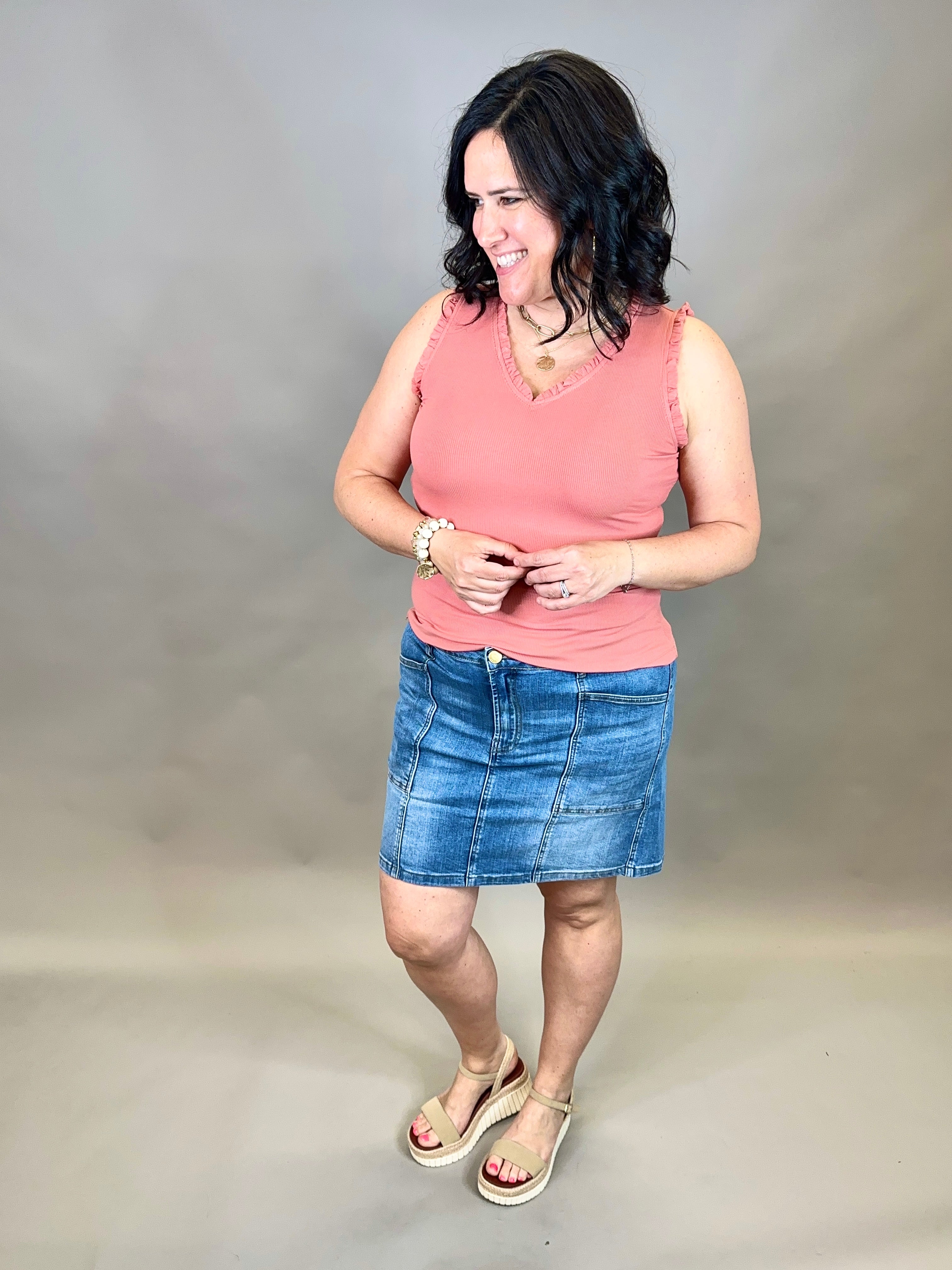 Salmon V Neck Frilled Tank Tops- Tanks DOE & RAE