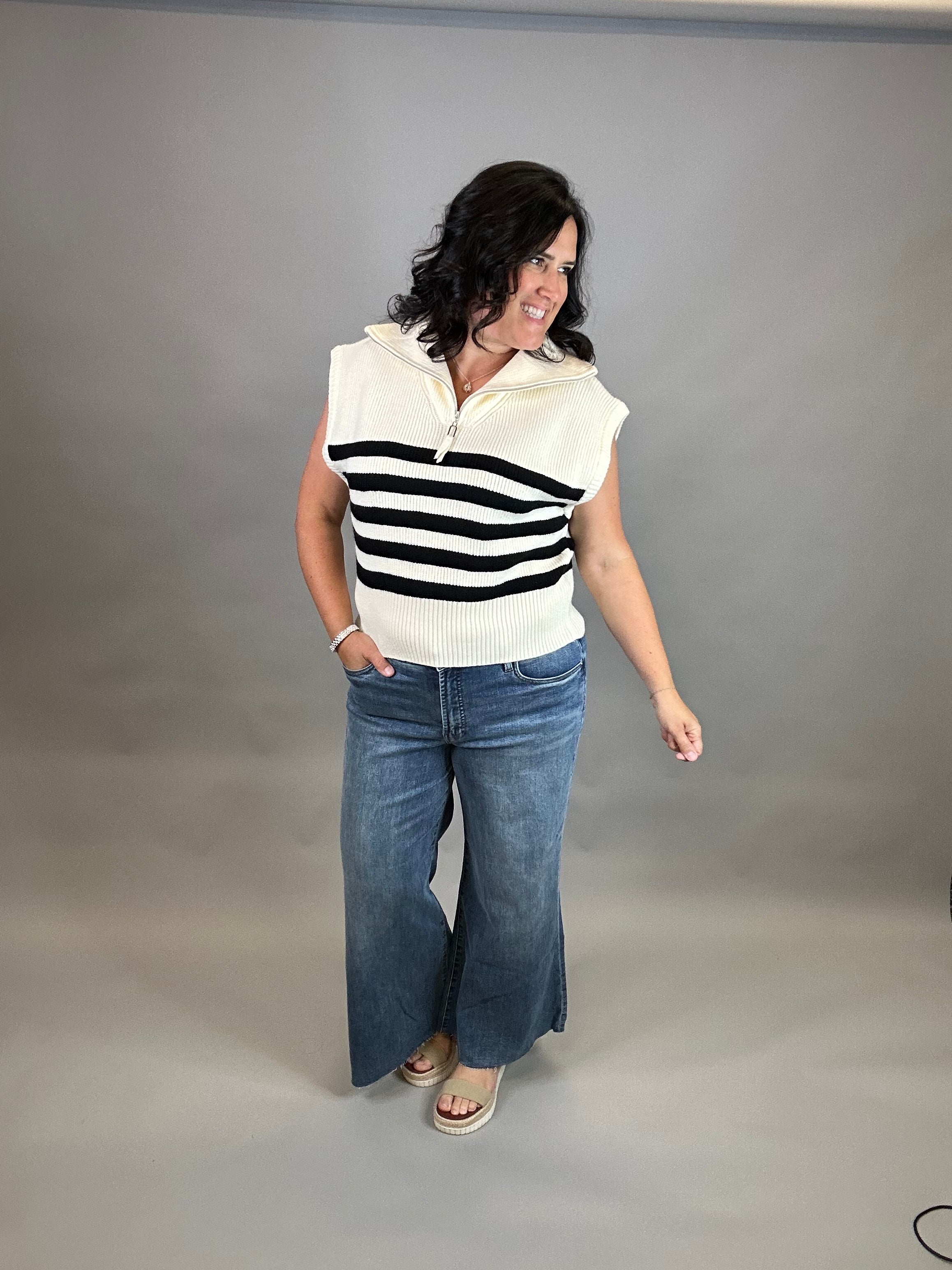 Ivory Striped Half Zip Sweater Top Top - Sweater DOE & RAE