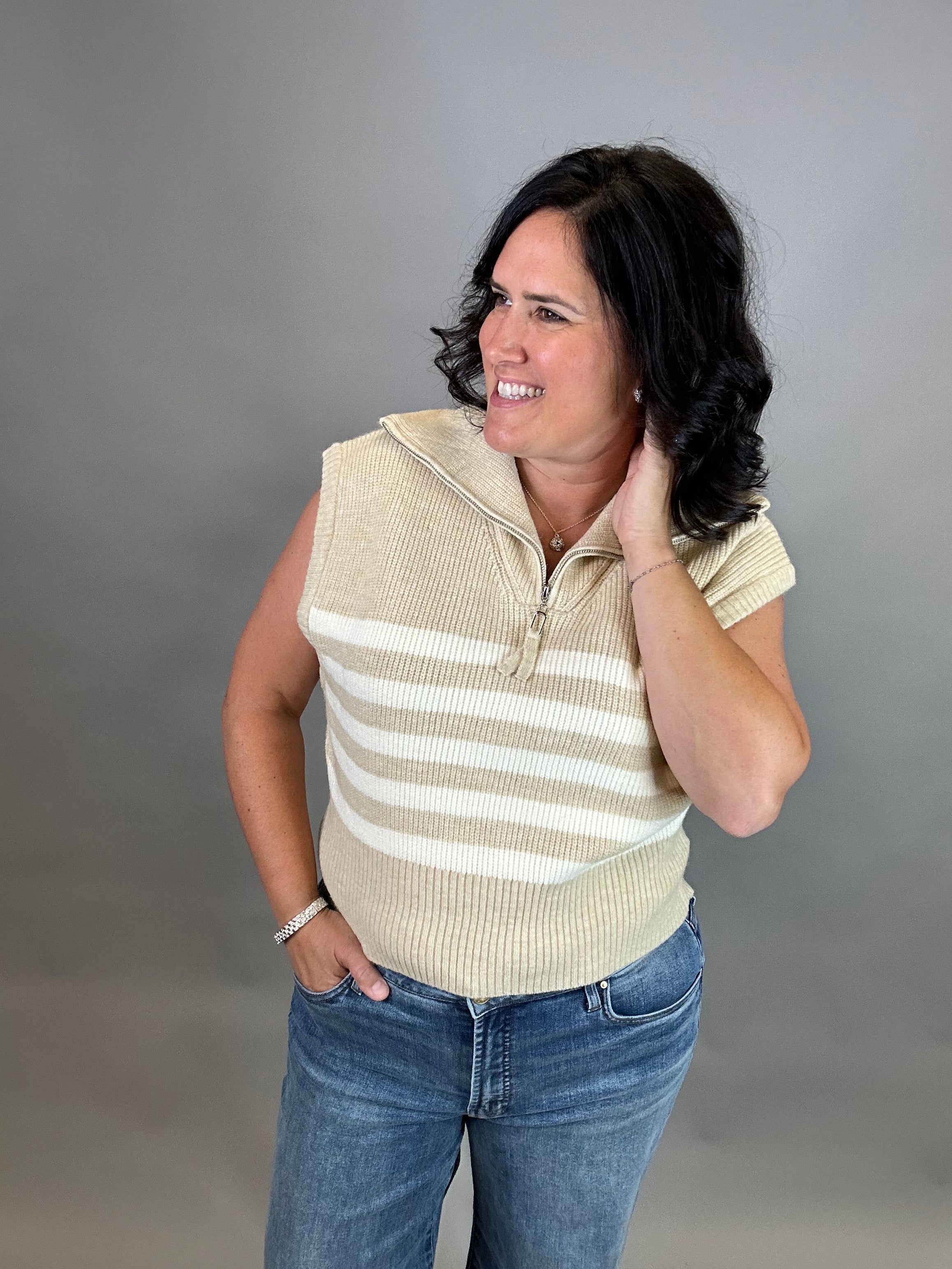 Beige Striped Half Zip Sweater Top Top - Sweater DOE & RAE