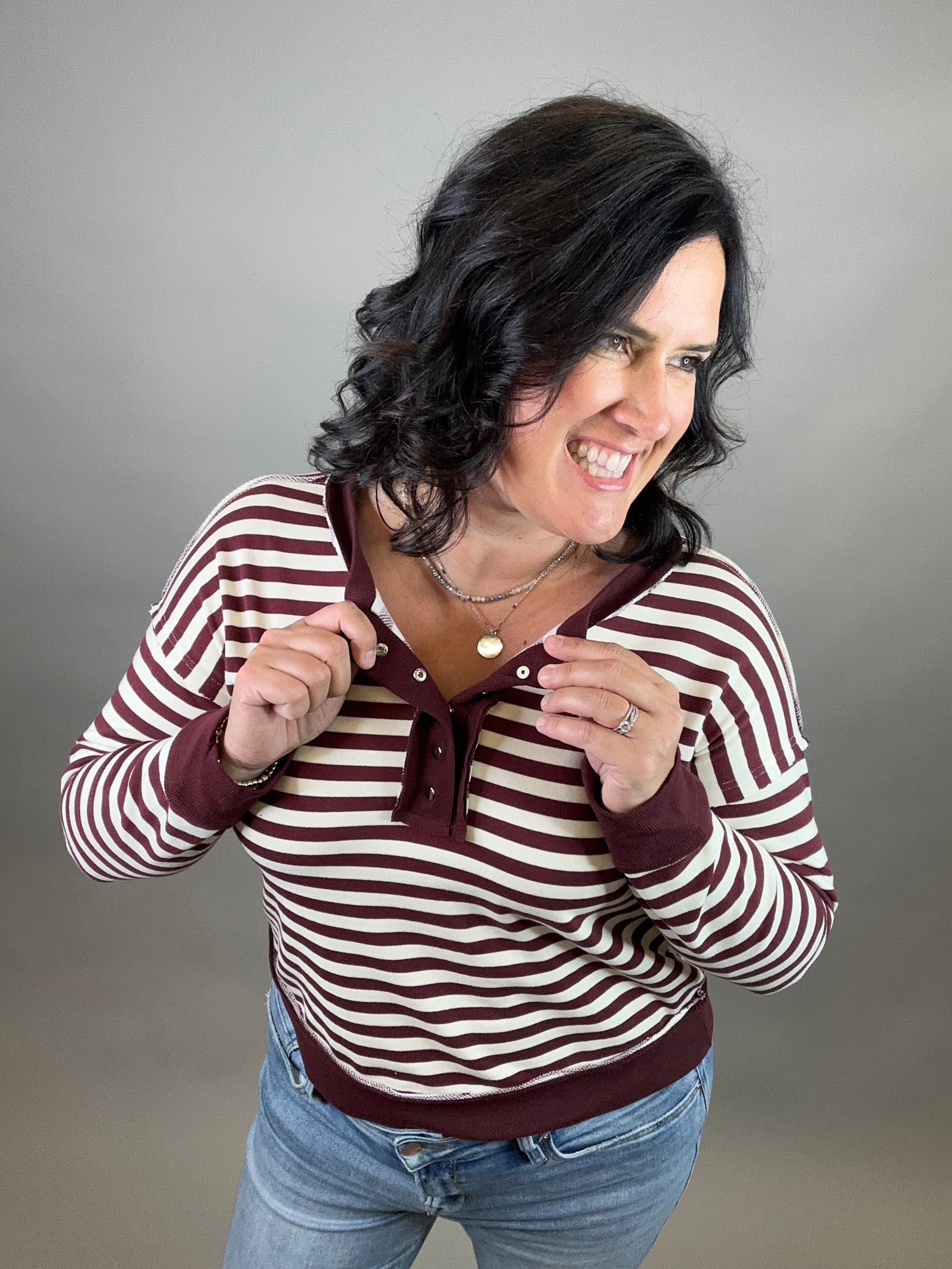 Burgundy Stripe Terry Snap Top Top - Sweatshirt STACCATO