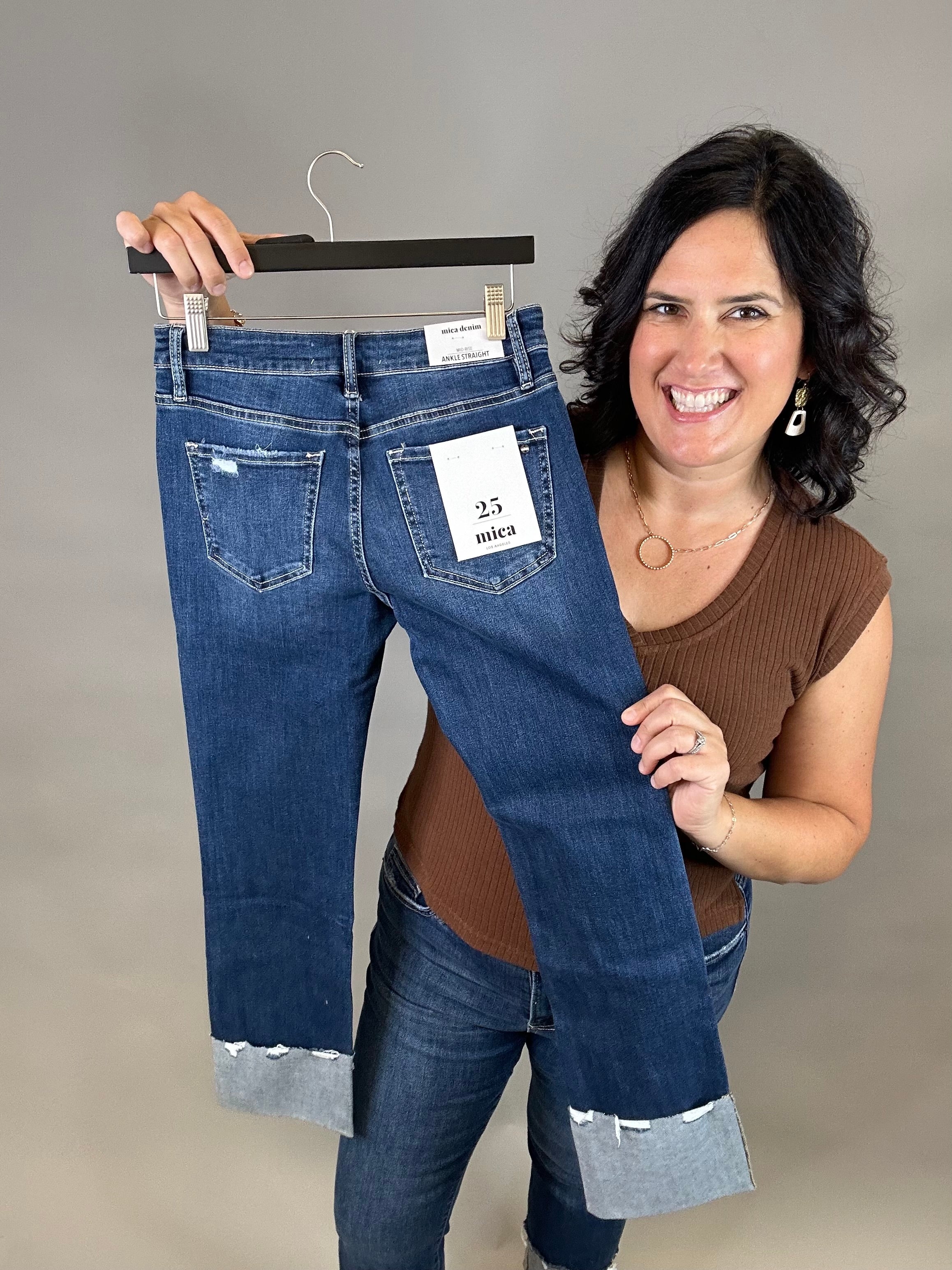 Cuffed Deep Rhino Mid Rise Straight Leg Bottoms - Pants MICA DENIM