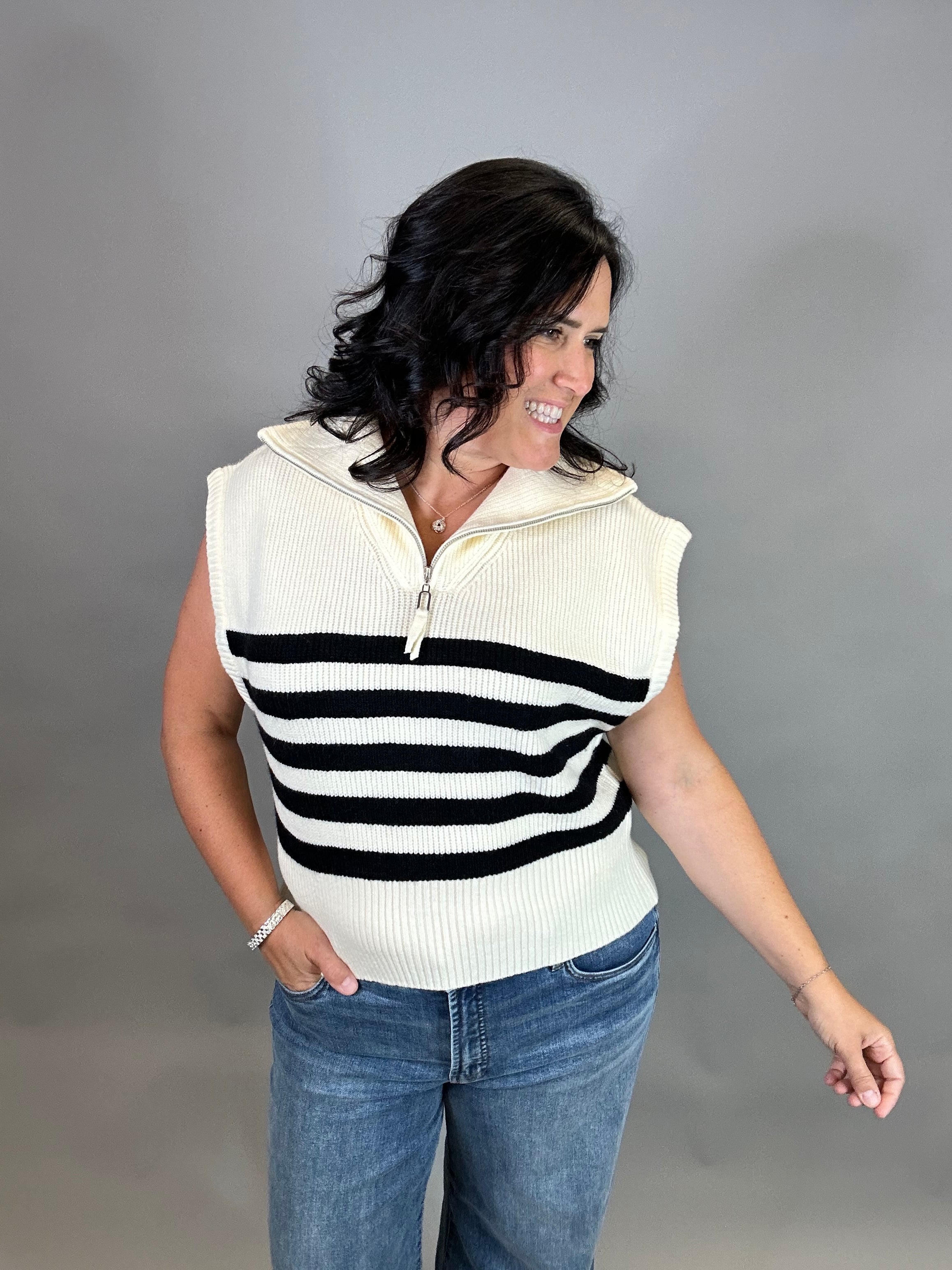 Ivory Striped Half Zip Sweater Top Top - Sweater DOE & RAE