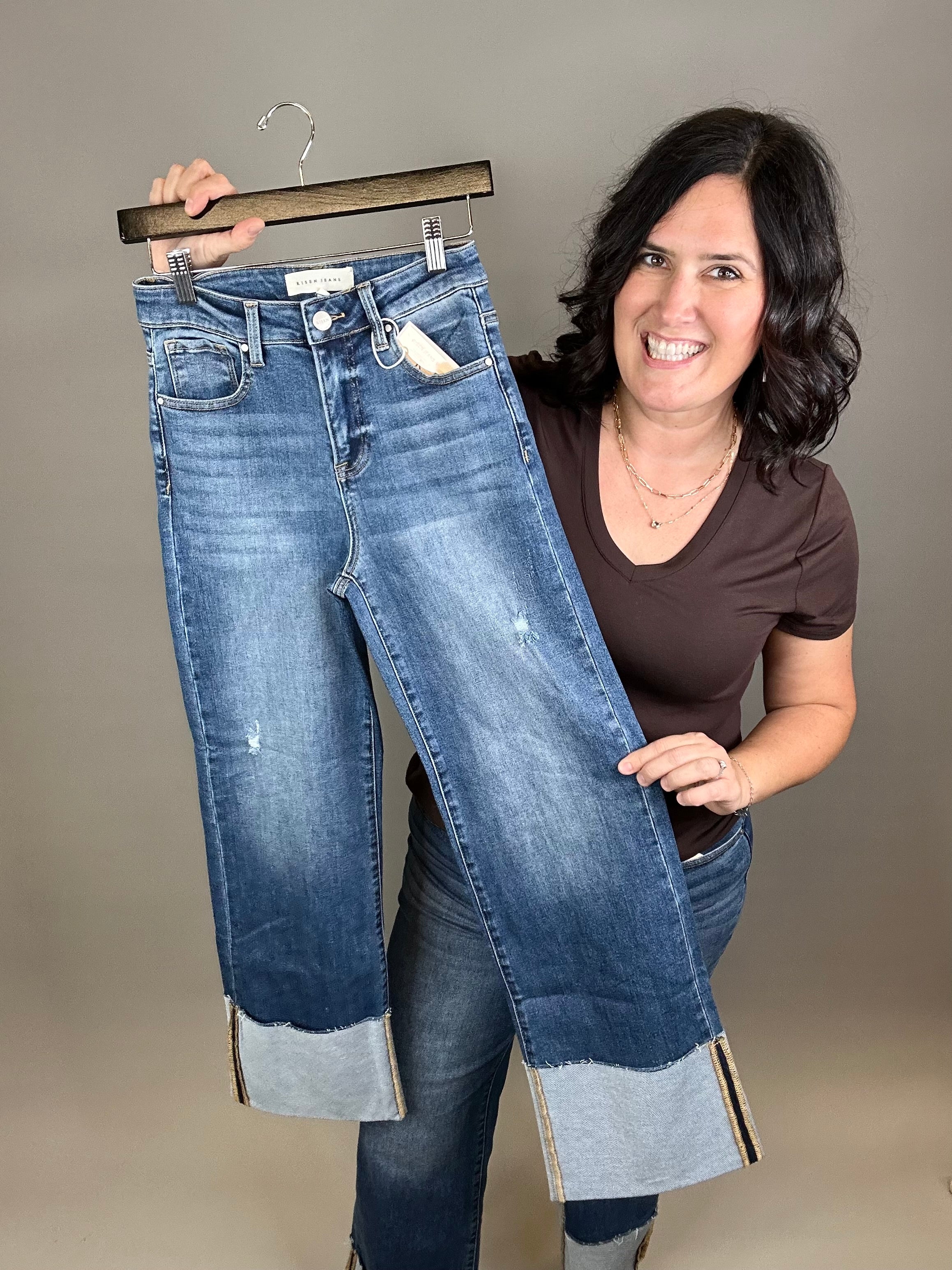 Dark Ankle Wide Cuffed Jeans Bottom- Pants RISEN