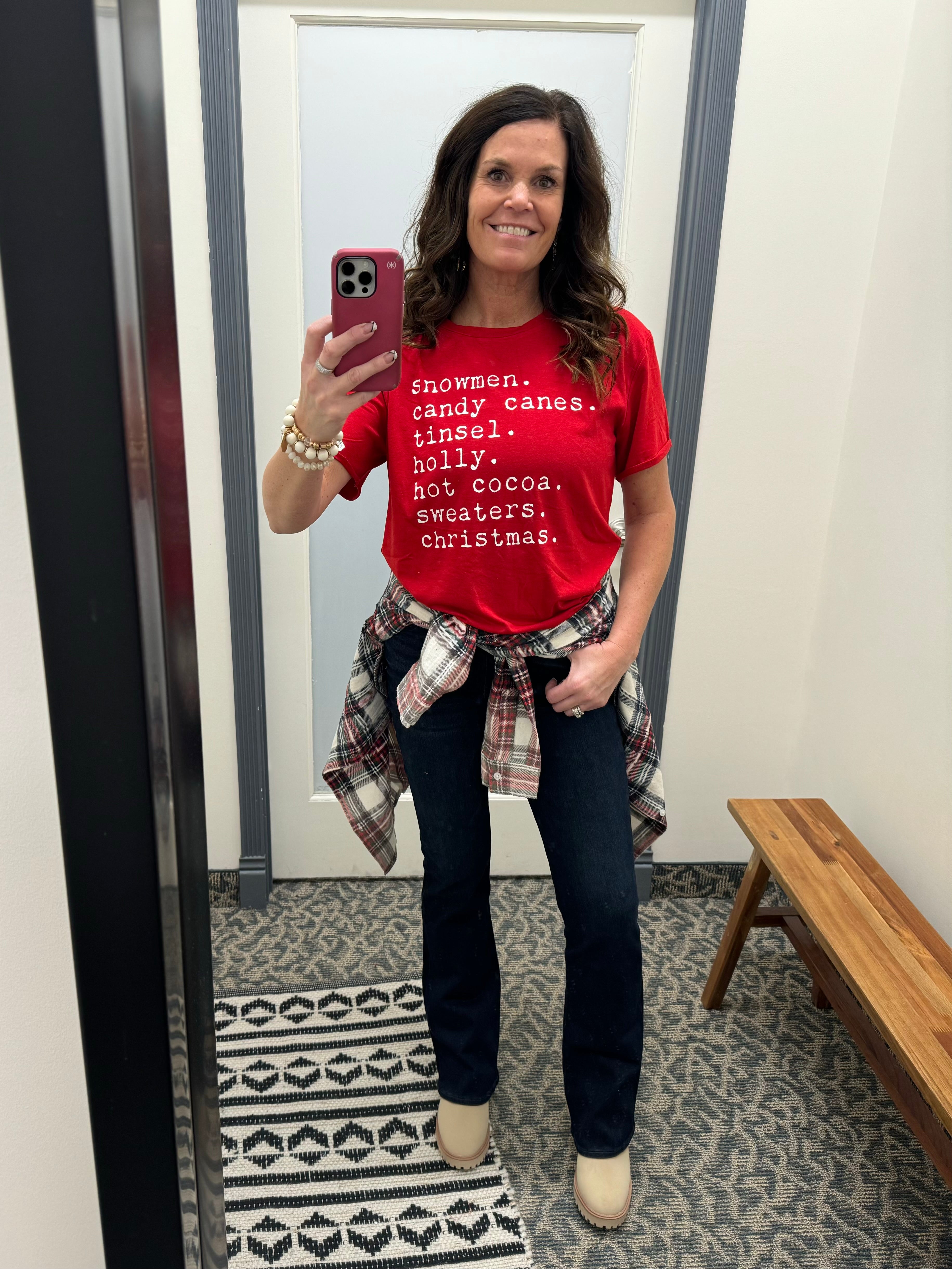 Red Snowmen Candy Cane Tinsel Tee Top - Tee PANACHE