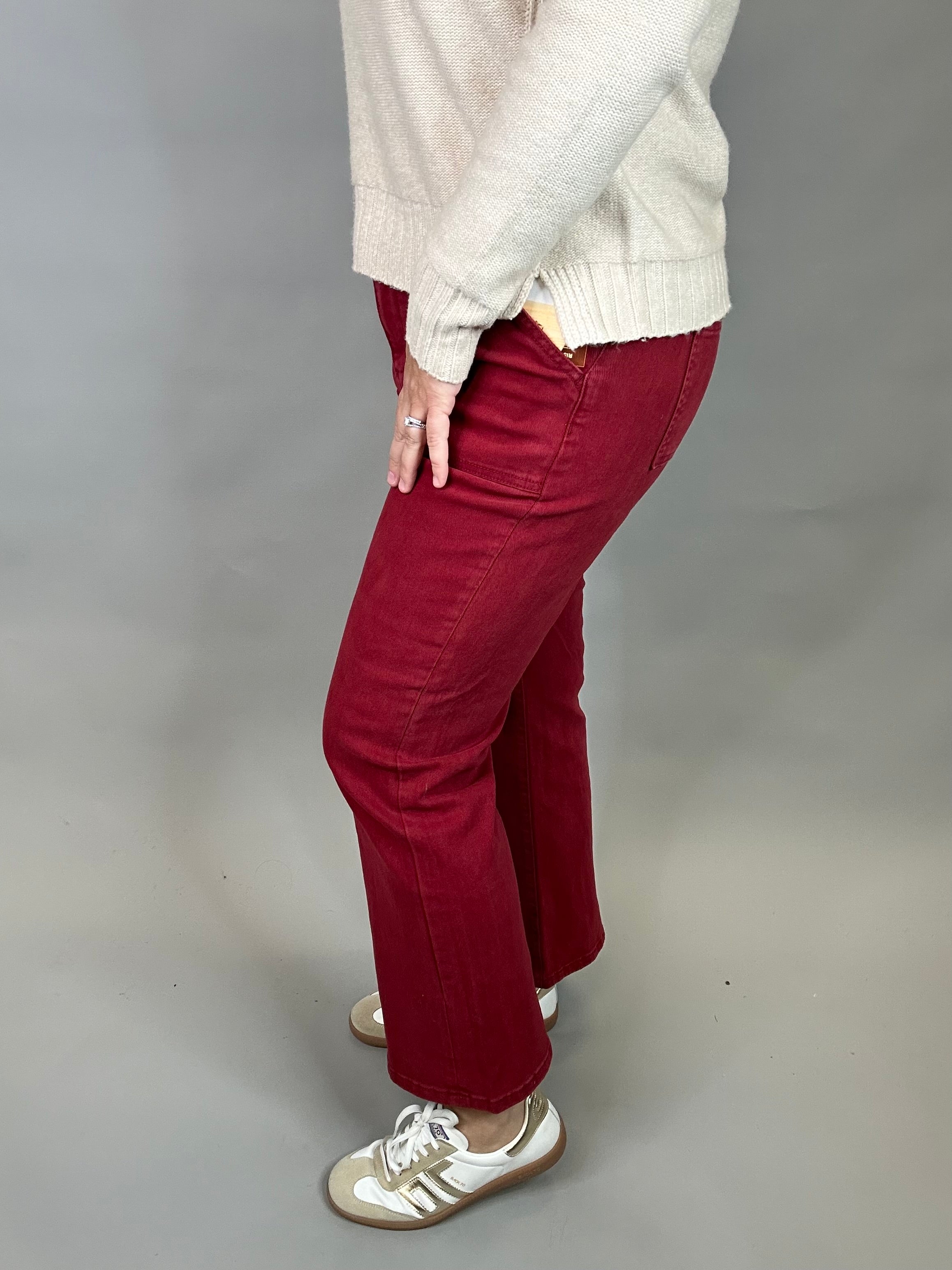 Wine Ankle Flare Patch Pocket Jeans Bottom- Pants RISEN