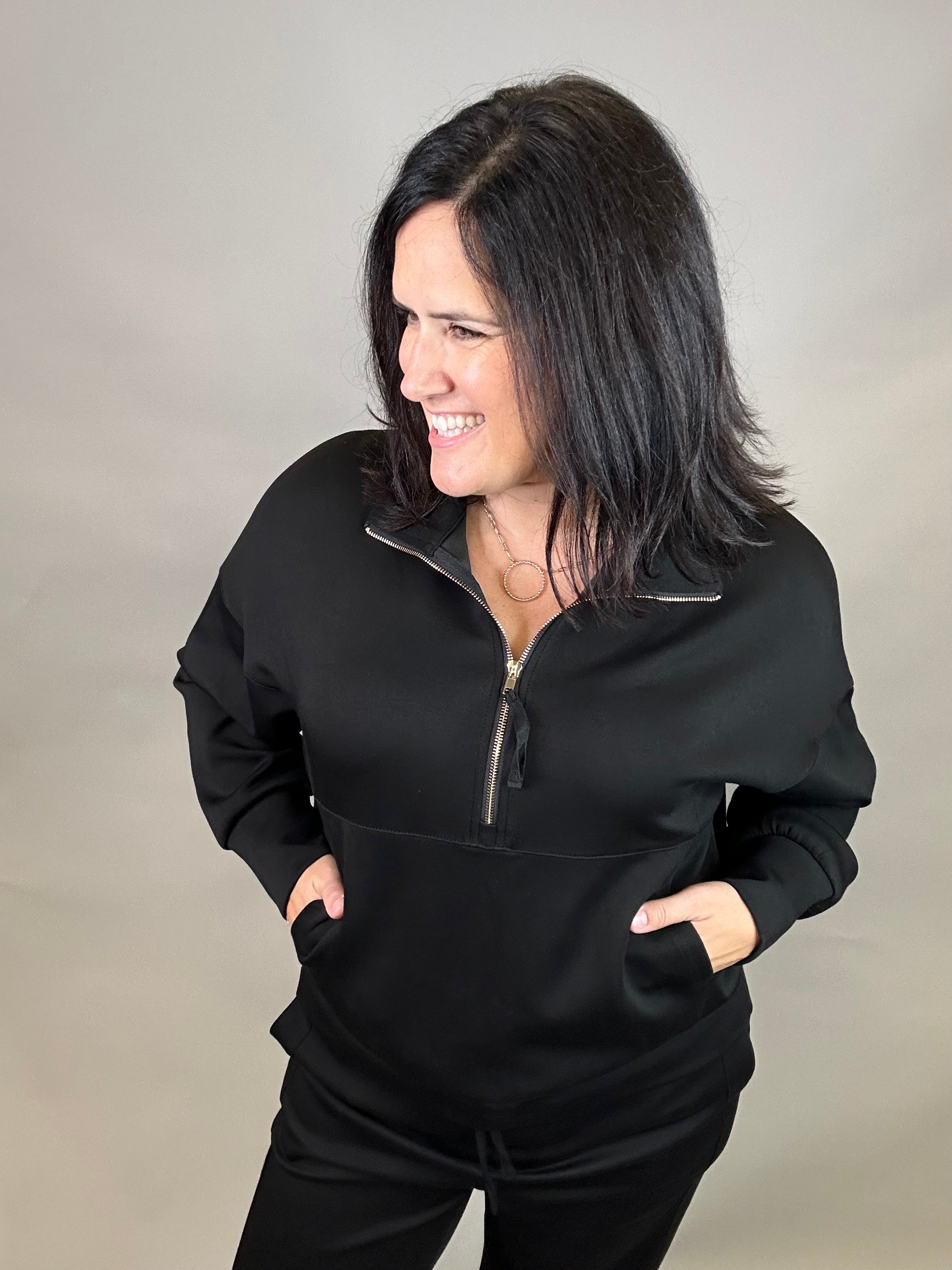 Black Ease Half Zip Pullover Top - Sweatshirt P.CILL