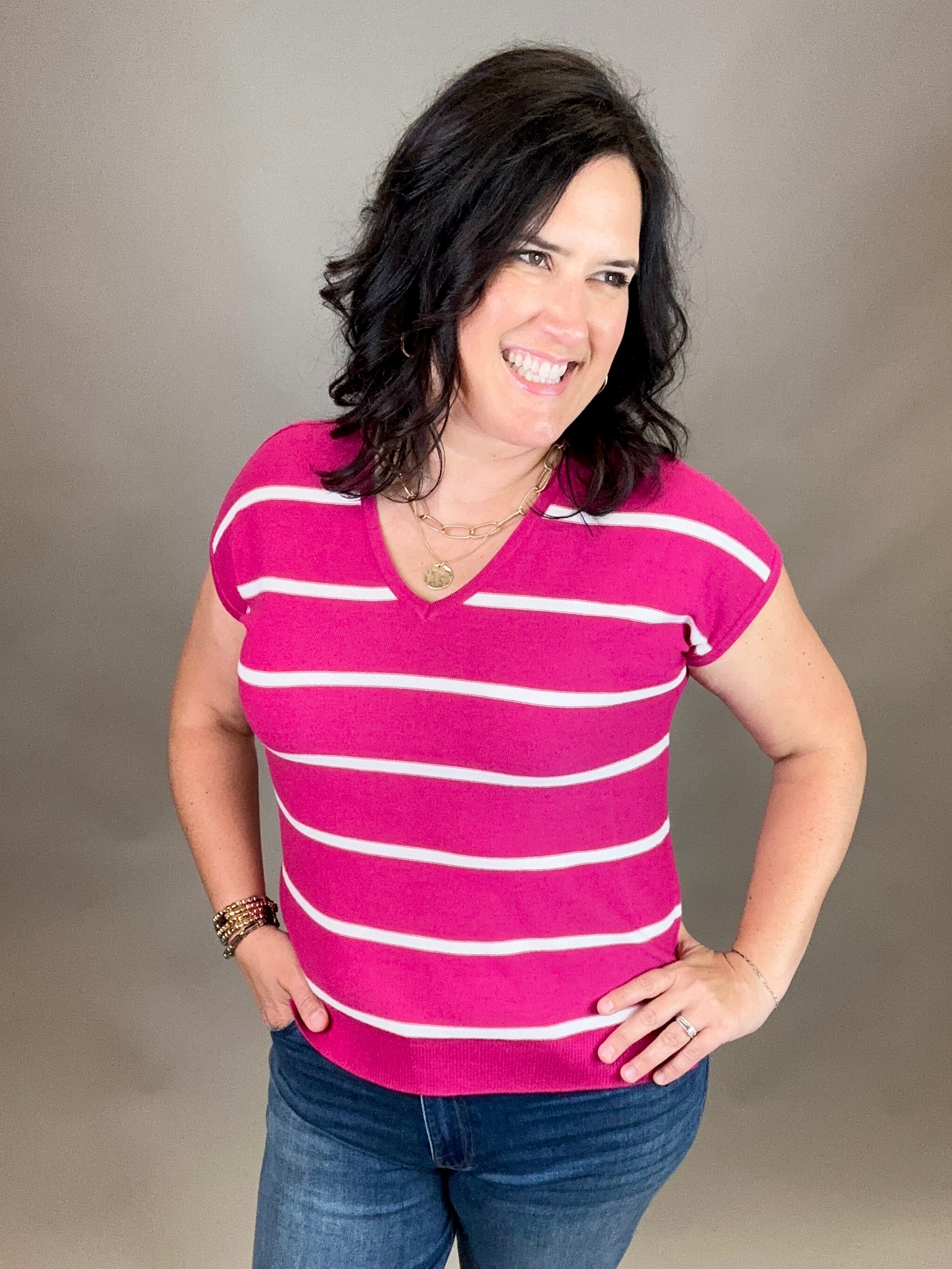 Magenta Striped V Neck Short Sleeve Sweater Top - Sweater STACCATO