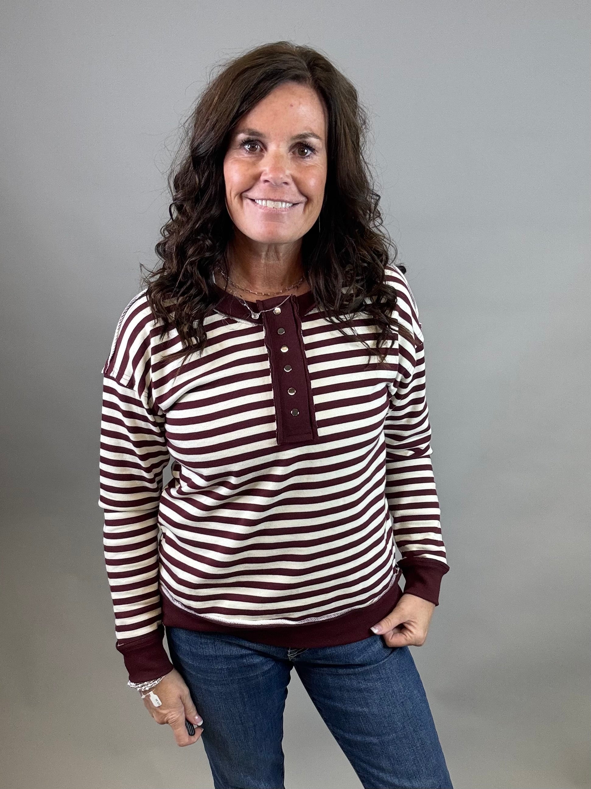 Burgundy Stripe Terry Snap Top Top - Sweatshirt STACCATO