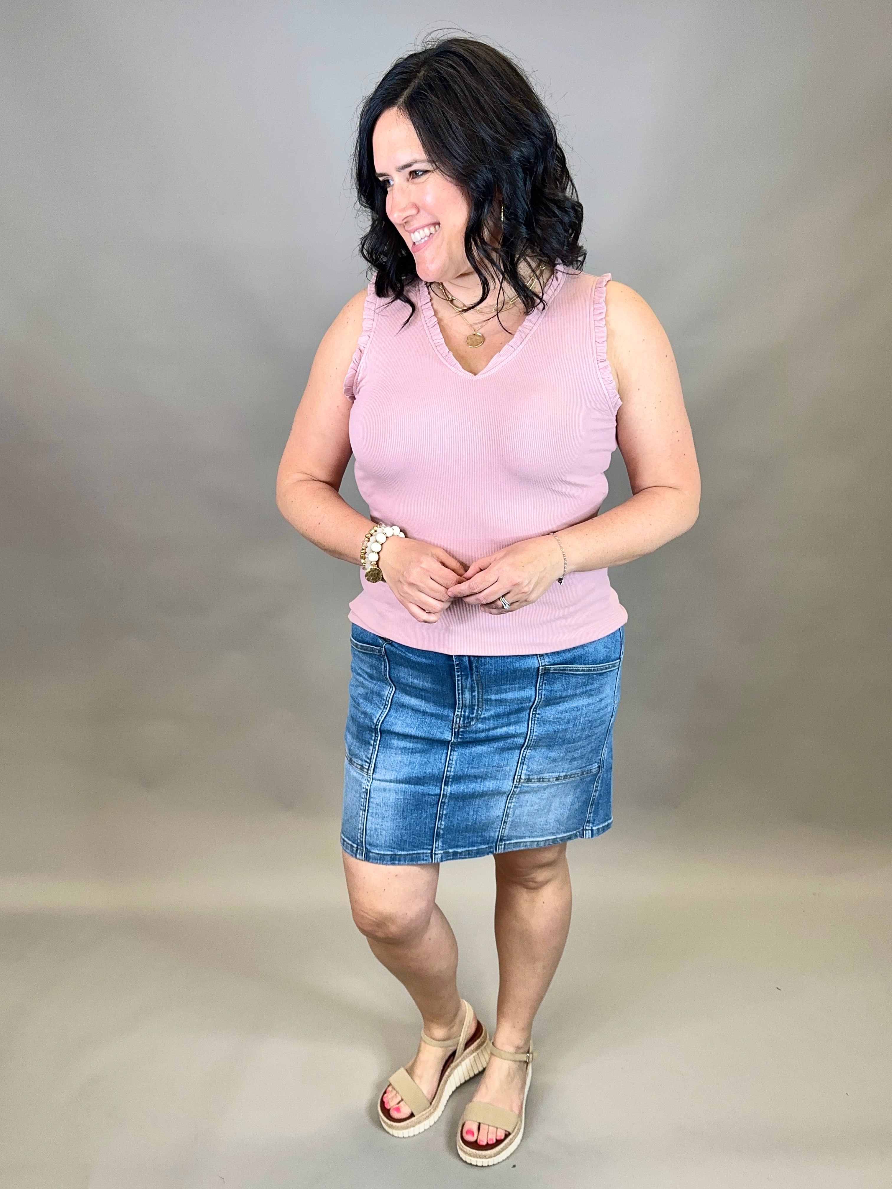 Mauve V Neck Frilled Tank Tops- Tanks DOE & RAE