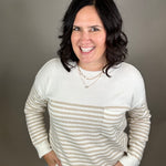 Creamy Oat Striped Pocket Sweater Top - Sweater STACCATO
