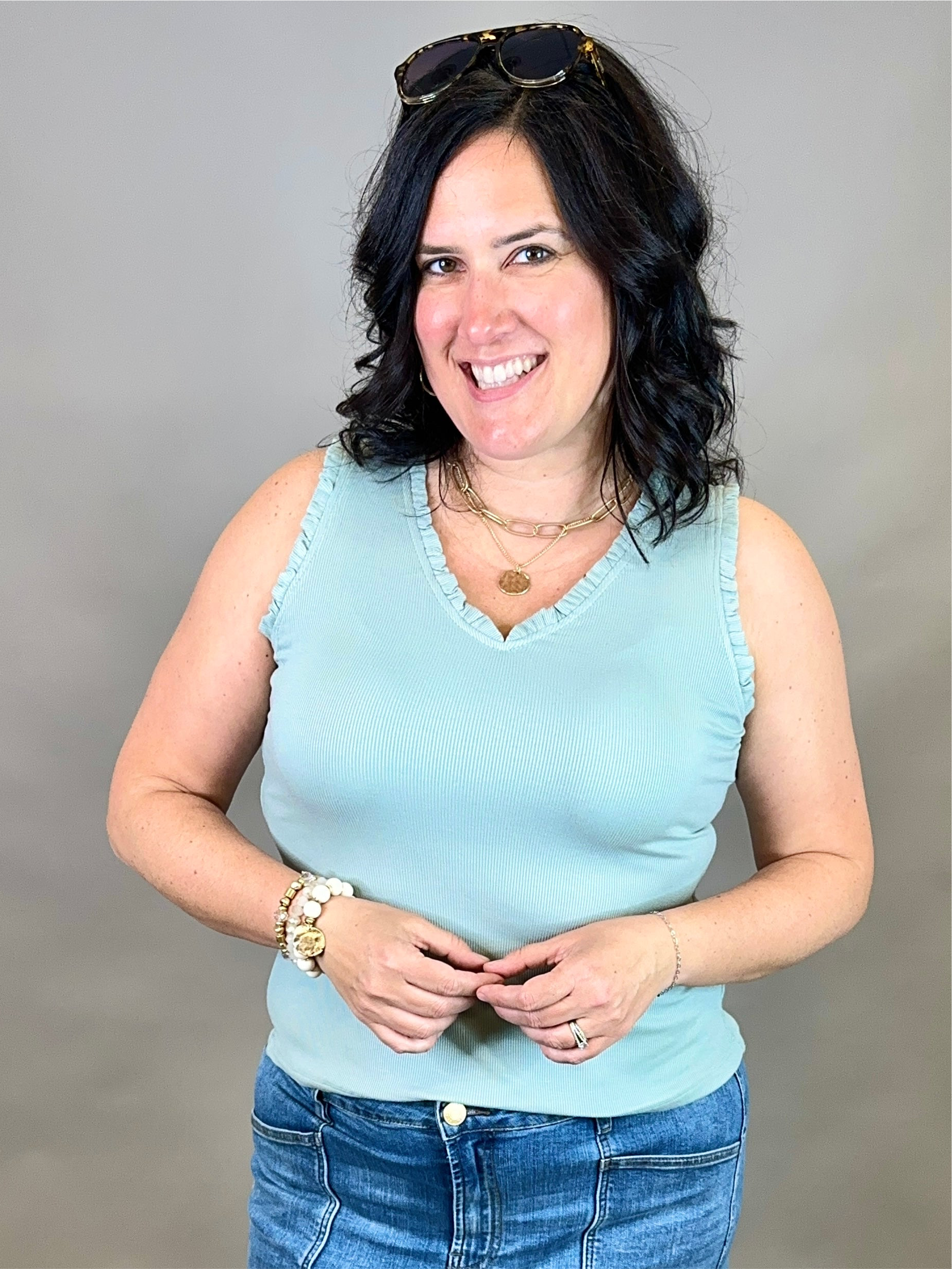 Sage V Neck Frilled Tank Tops- Tanks DOE & RAE