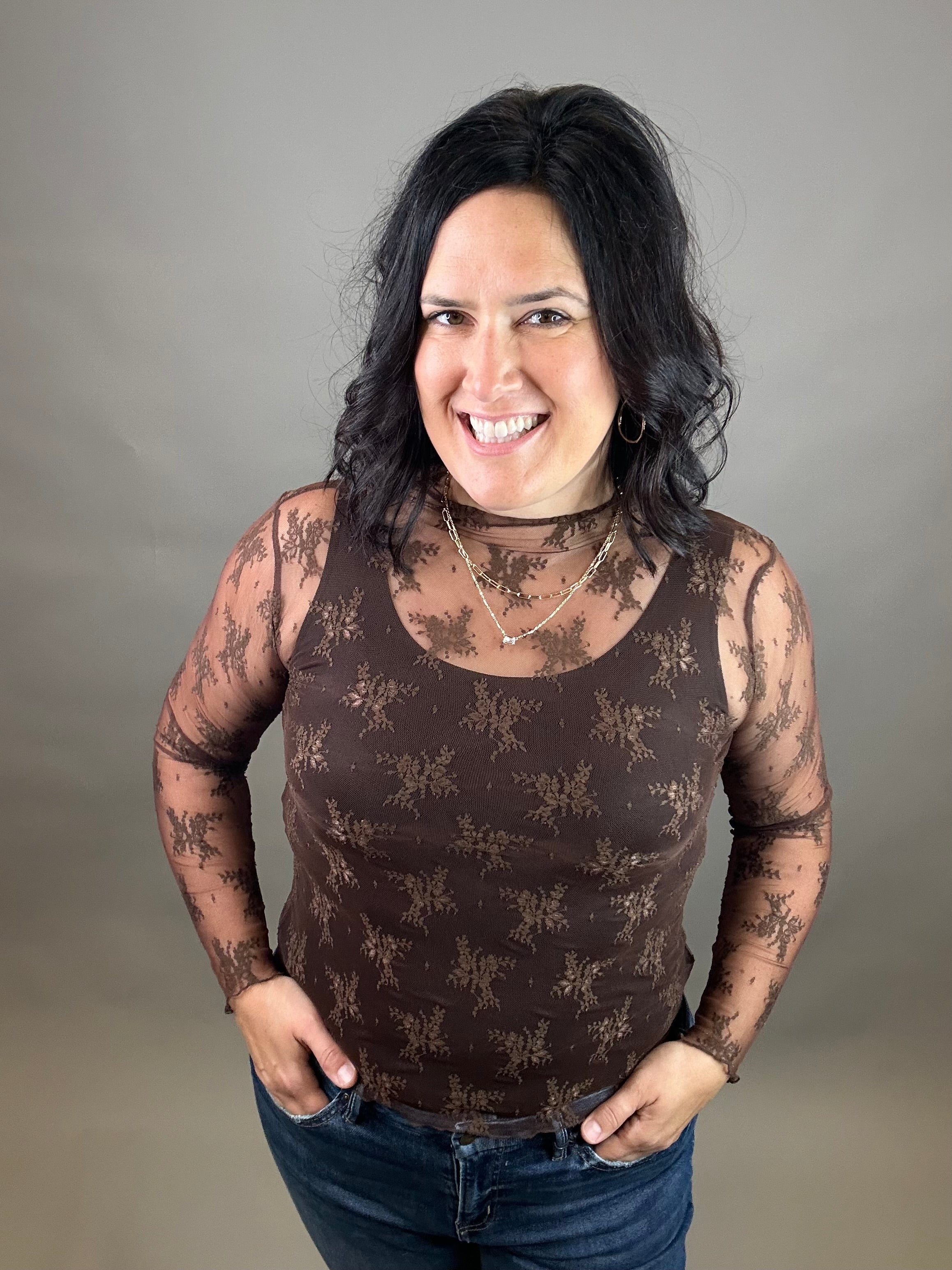 Brown Long Sleeve Lace Top Tops- Blouses ZENANA