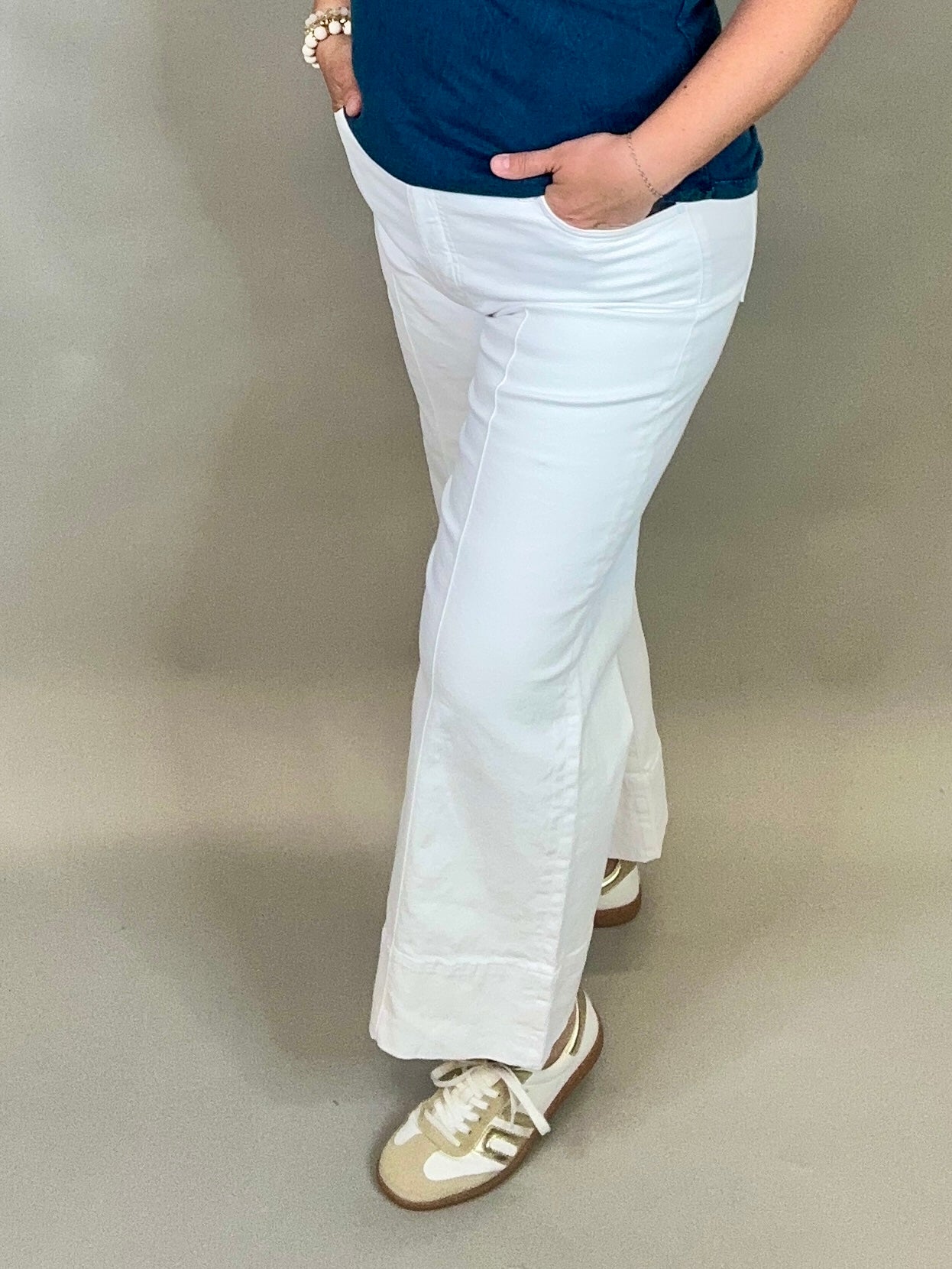 White Pin Tuck Meg Wide Leg Jeans Bottom- Pants KUT FROM THE KLOTH