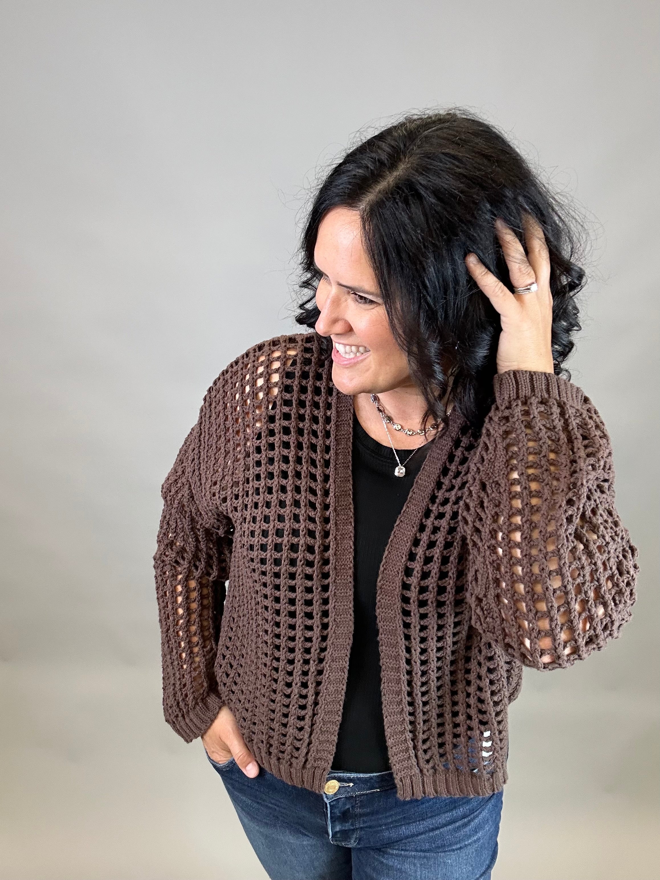 Espresso Crochet Cropped Open Cardigan Tops- Cardigans DOE & RAE