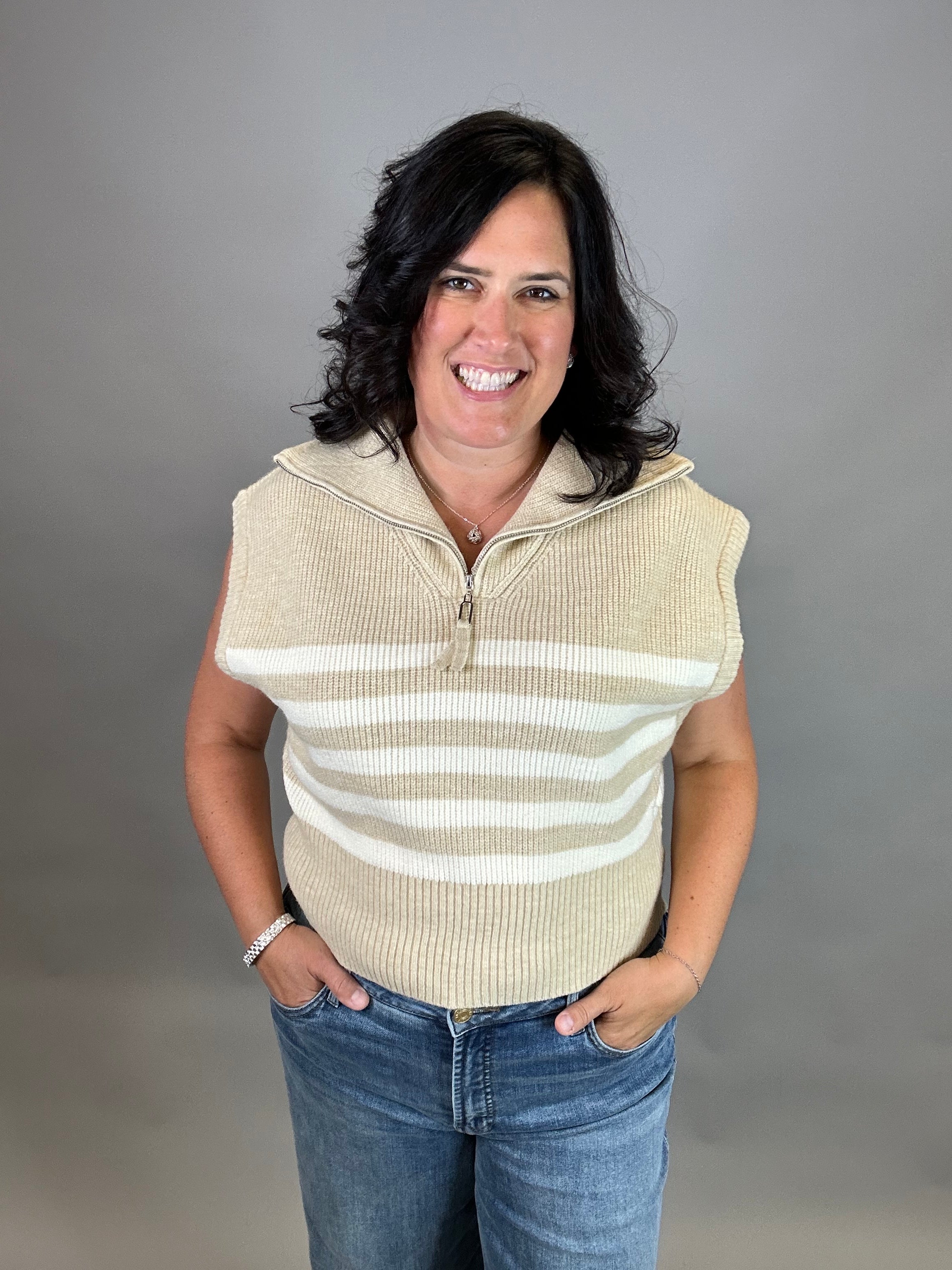 Beige Striped Half Zip Sweater Top Top - Sweater DOE & RAE