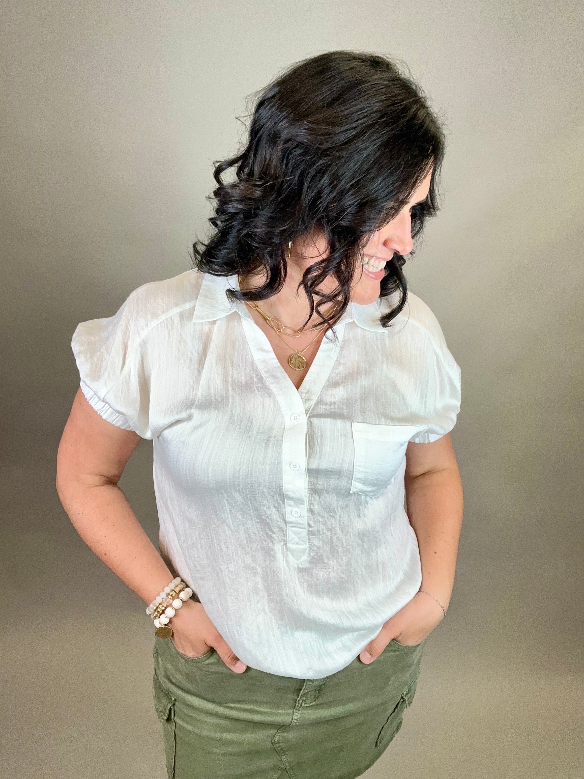 White Collared V Neck Crinkle Blouse Top - Sweater STACCATO