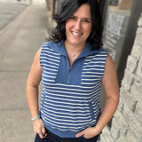 Denim Striped Zip Front Sleeveless Top Top- Sweatshirt DOE & RAE