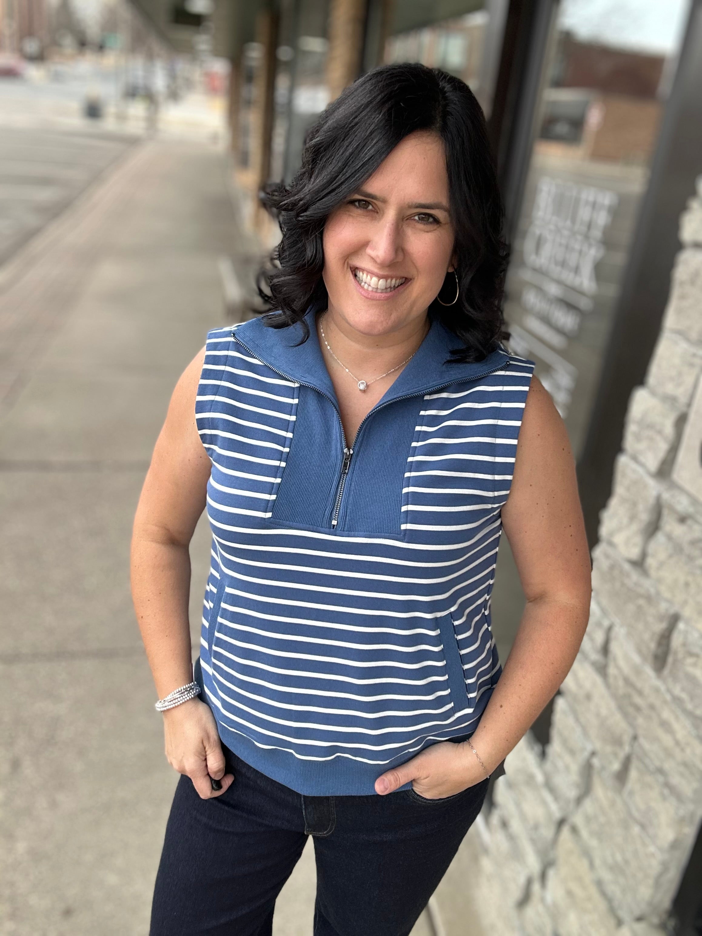 Denim Striped Zip Front Sleeveless Top Top- Sweatshirt DOE & RAE