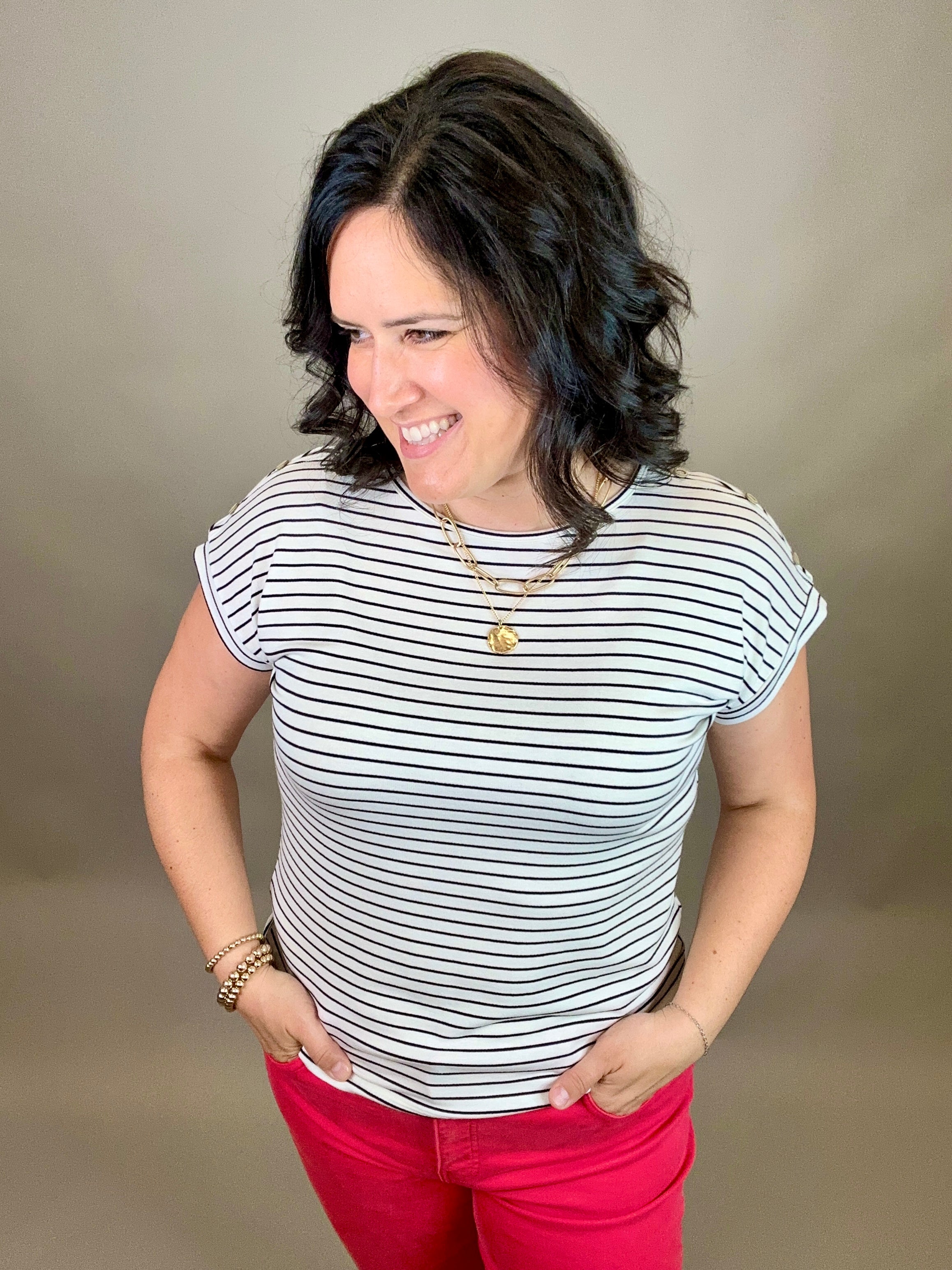 Ivory Stripe Button Shoulder Terry Tee Top - Tee STACCATO
