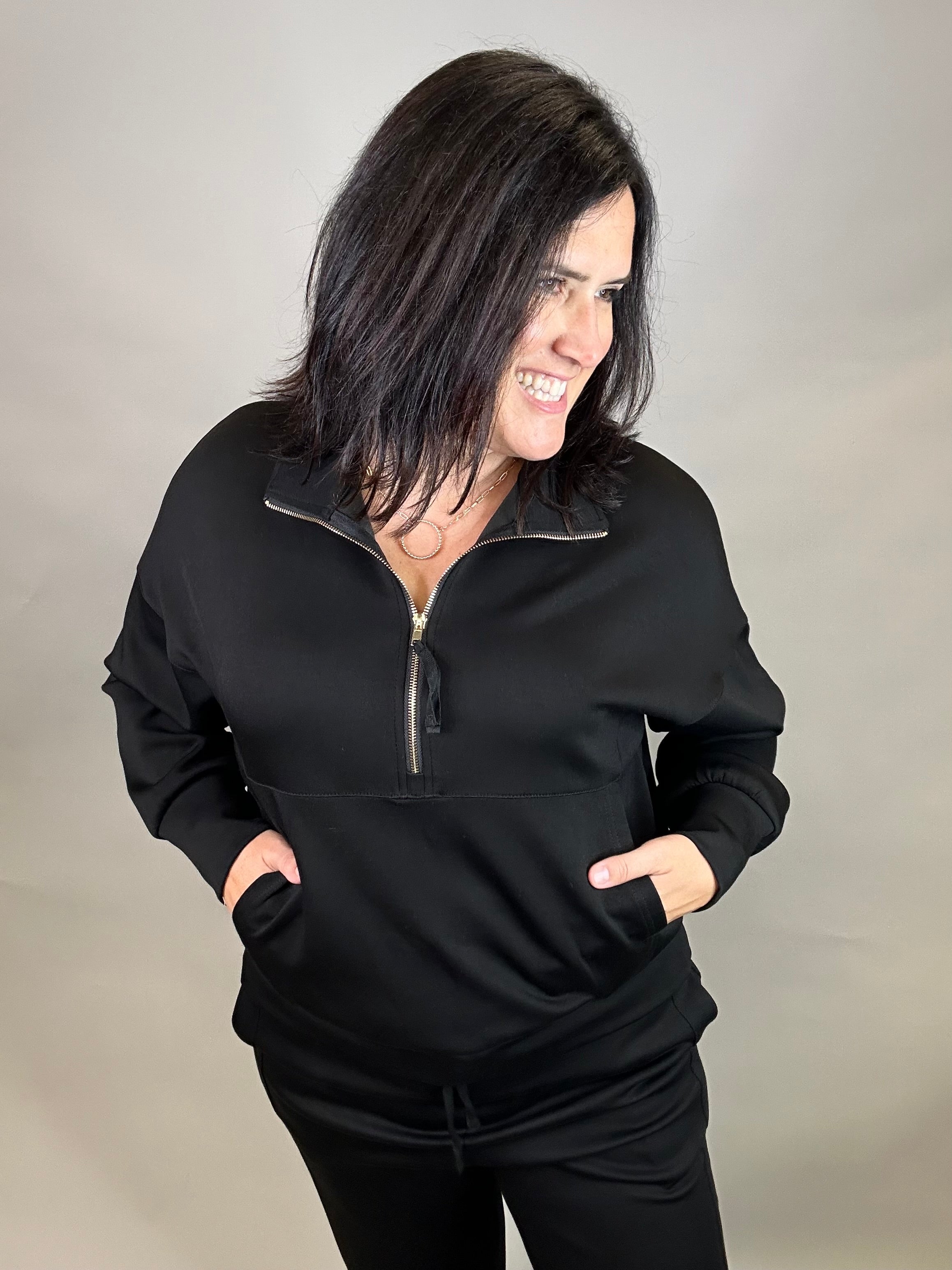 Black Ease Half Zip Pullover Top - Sweatshirt P.CILL